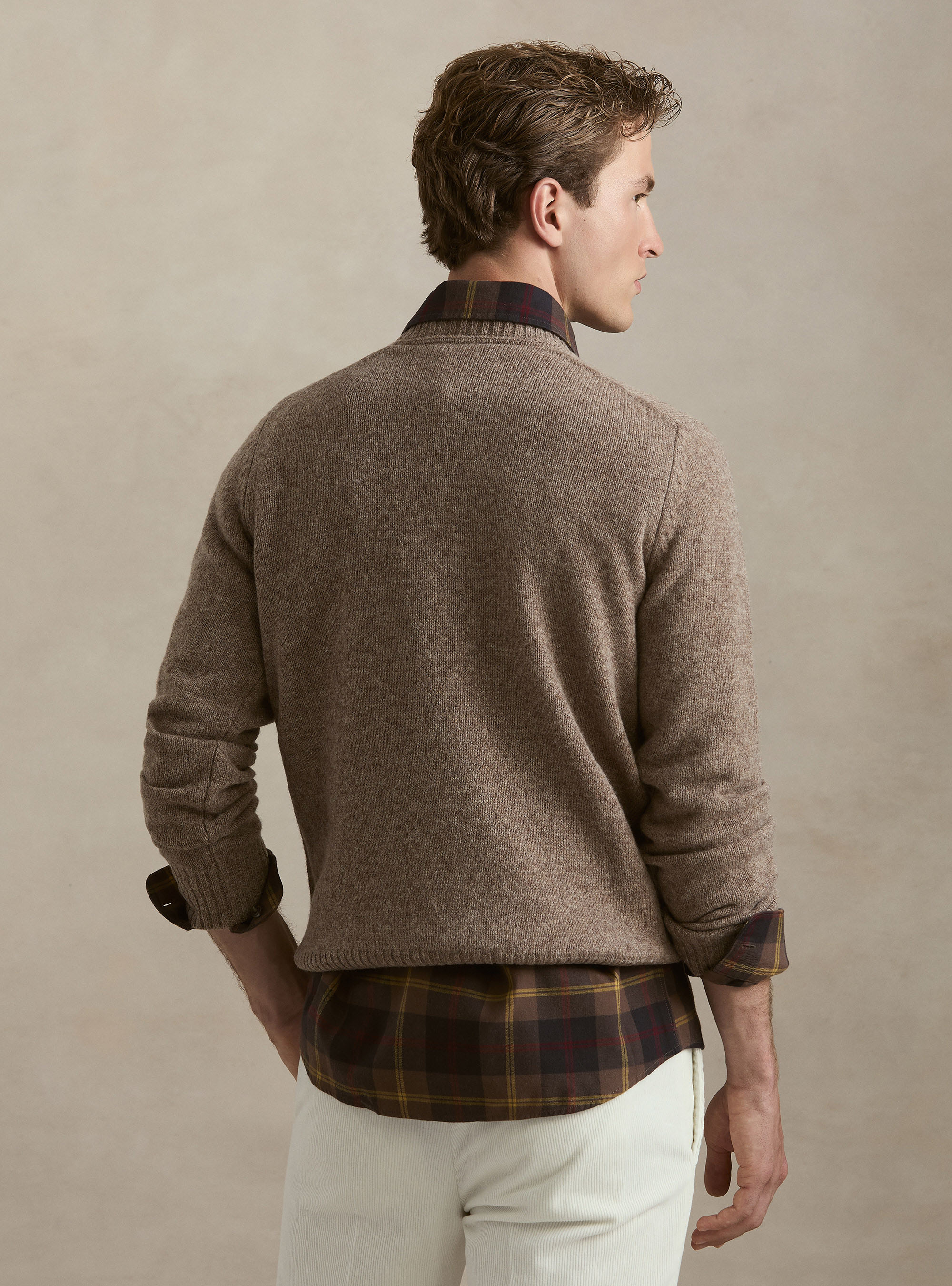 Maglia girocollo in pura lana shetland, FANGO