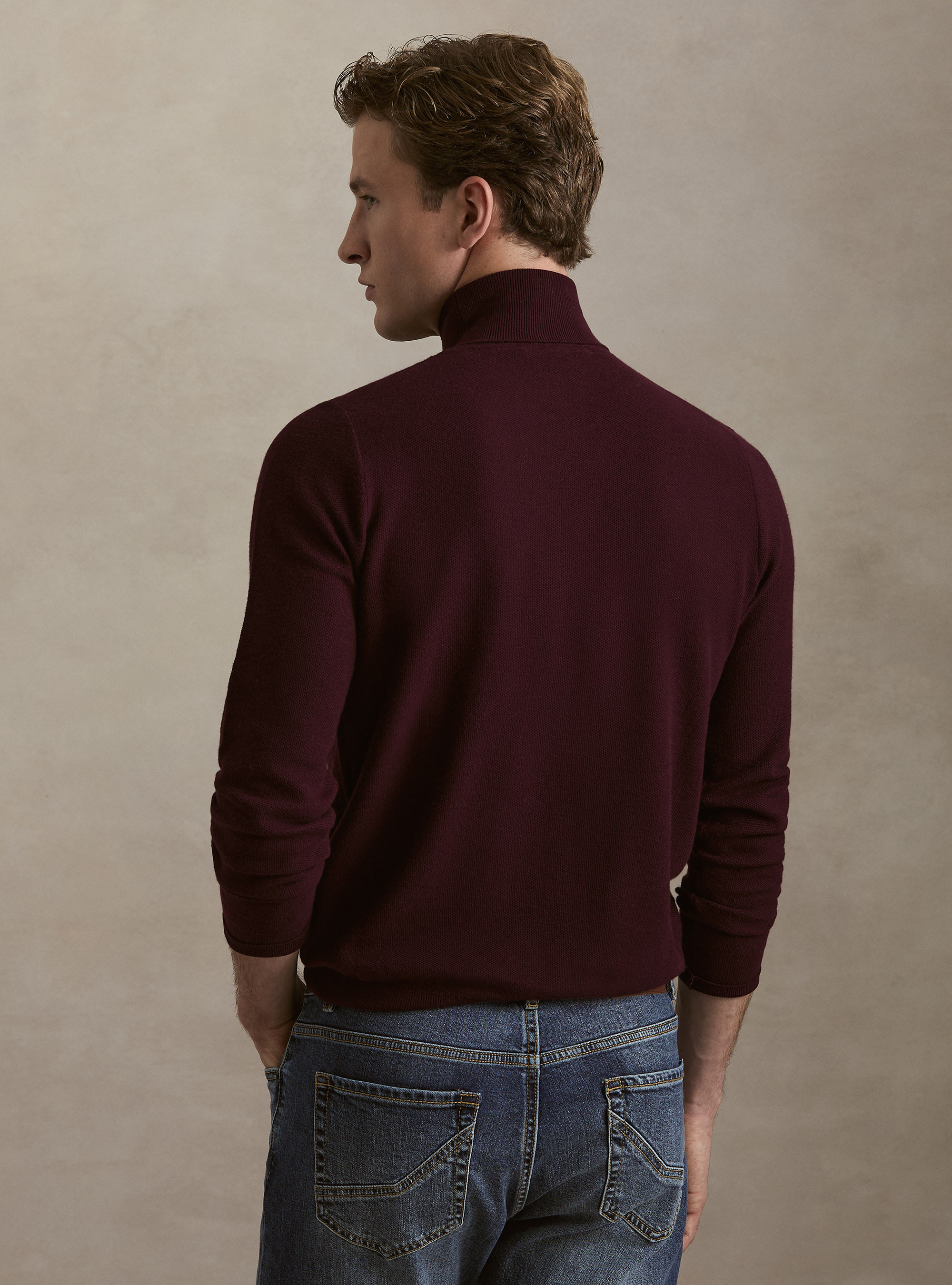 Dolcevita in maglia nido d'ape in cotone e cashmere, BORDEAUX