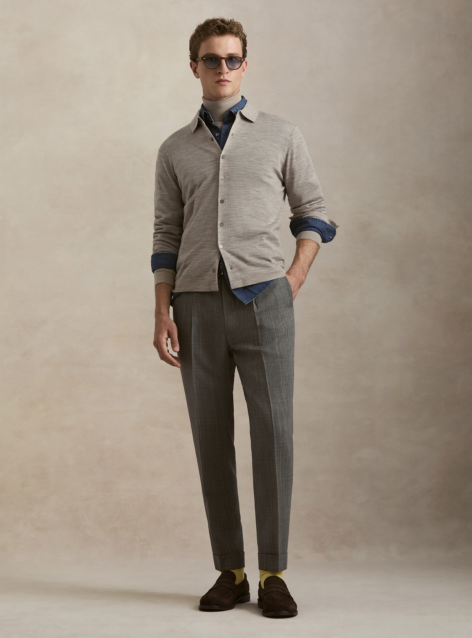 Polo camicia in maglia lana merino extrafine, SABBIA MELANGE 0564C