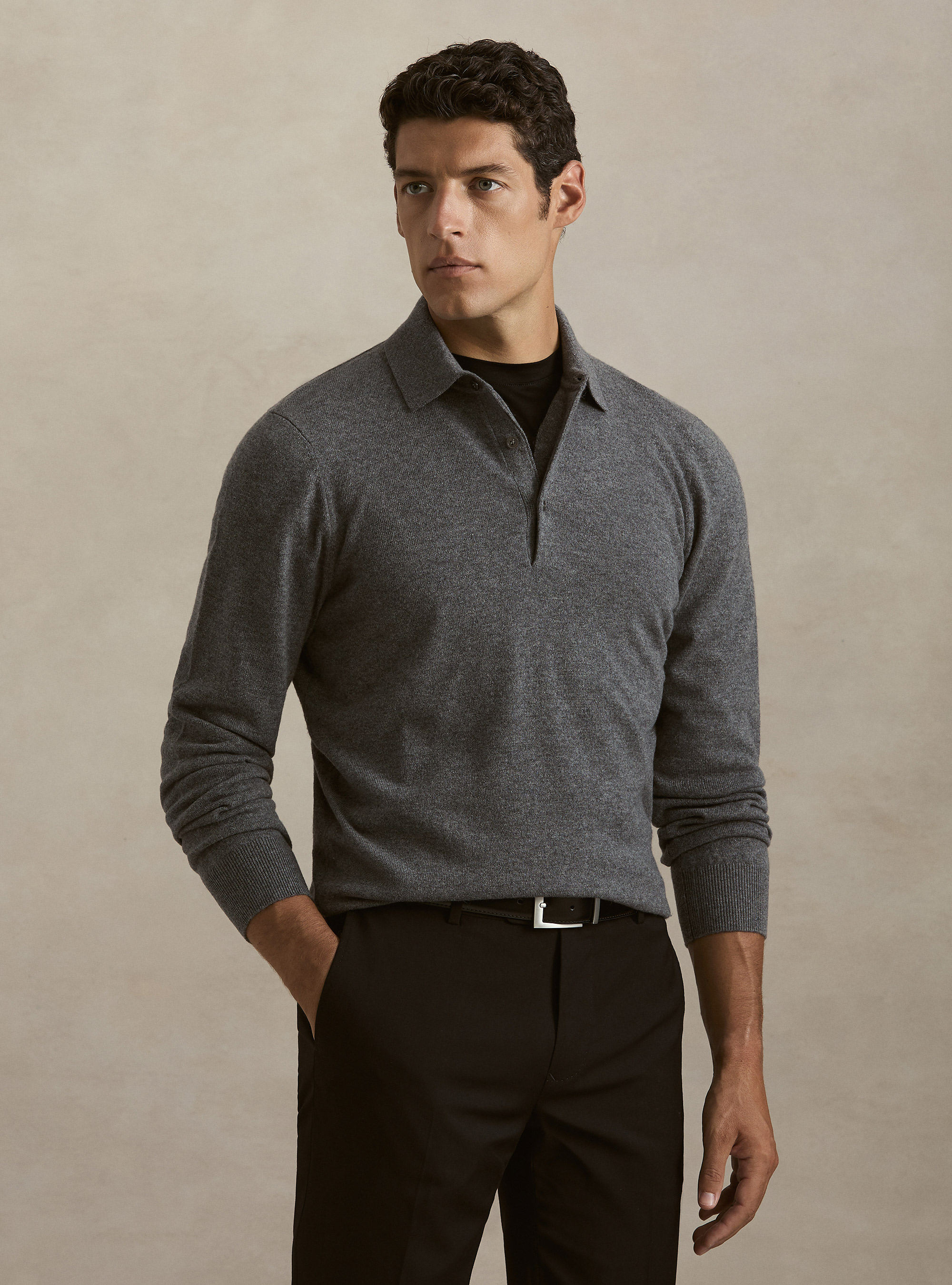 Polo a manica lunga in puro cashmere, GRIGIO SCURO 0125C
