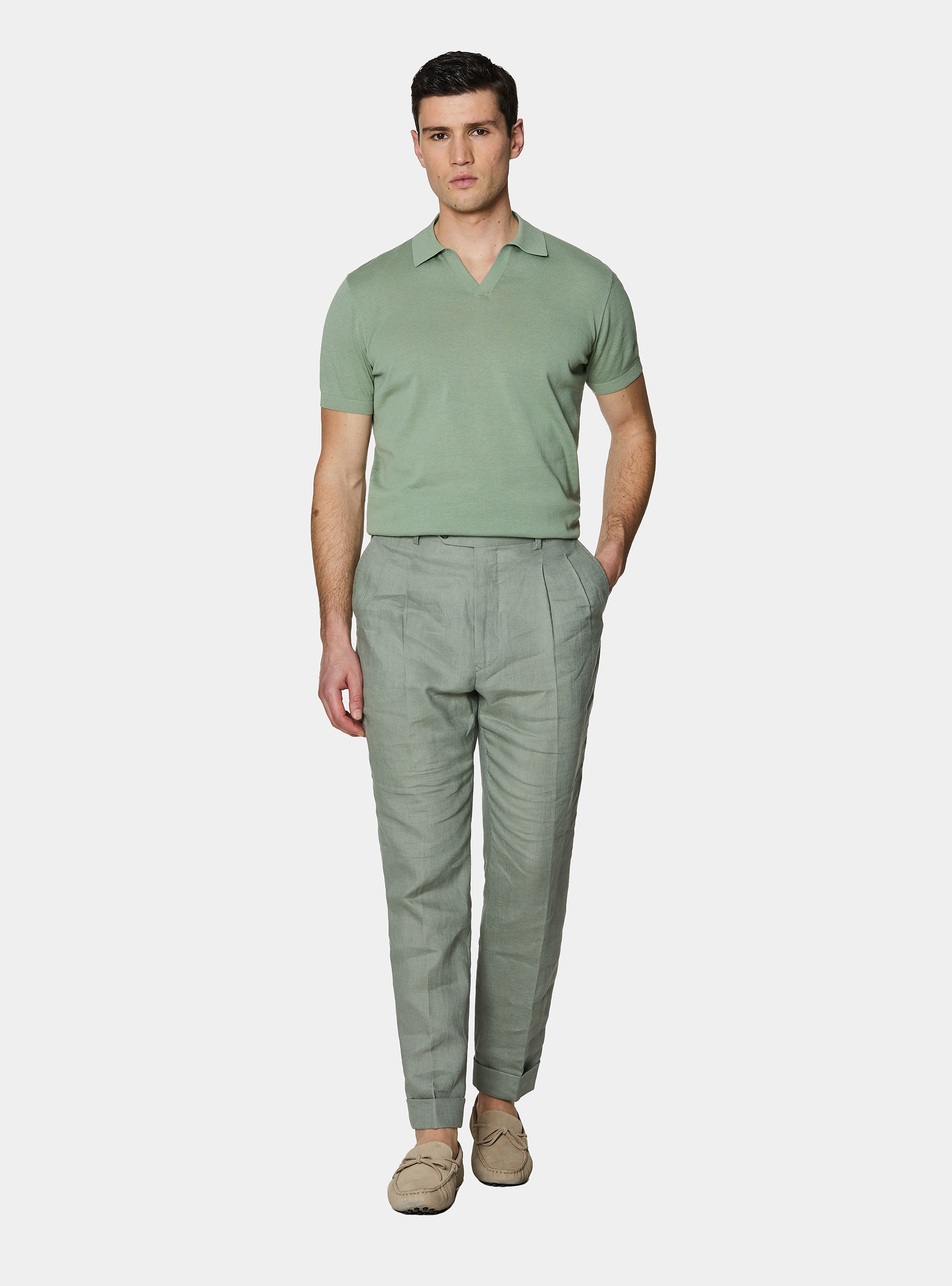 Pantaloni con pince in puro lino, SALVIA 0602C