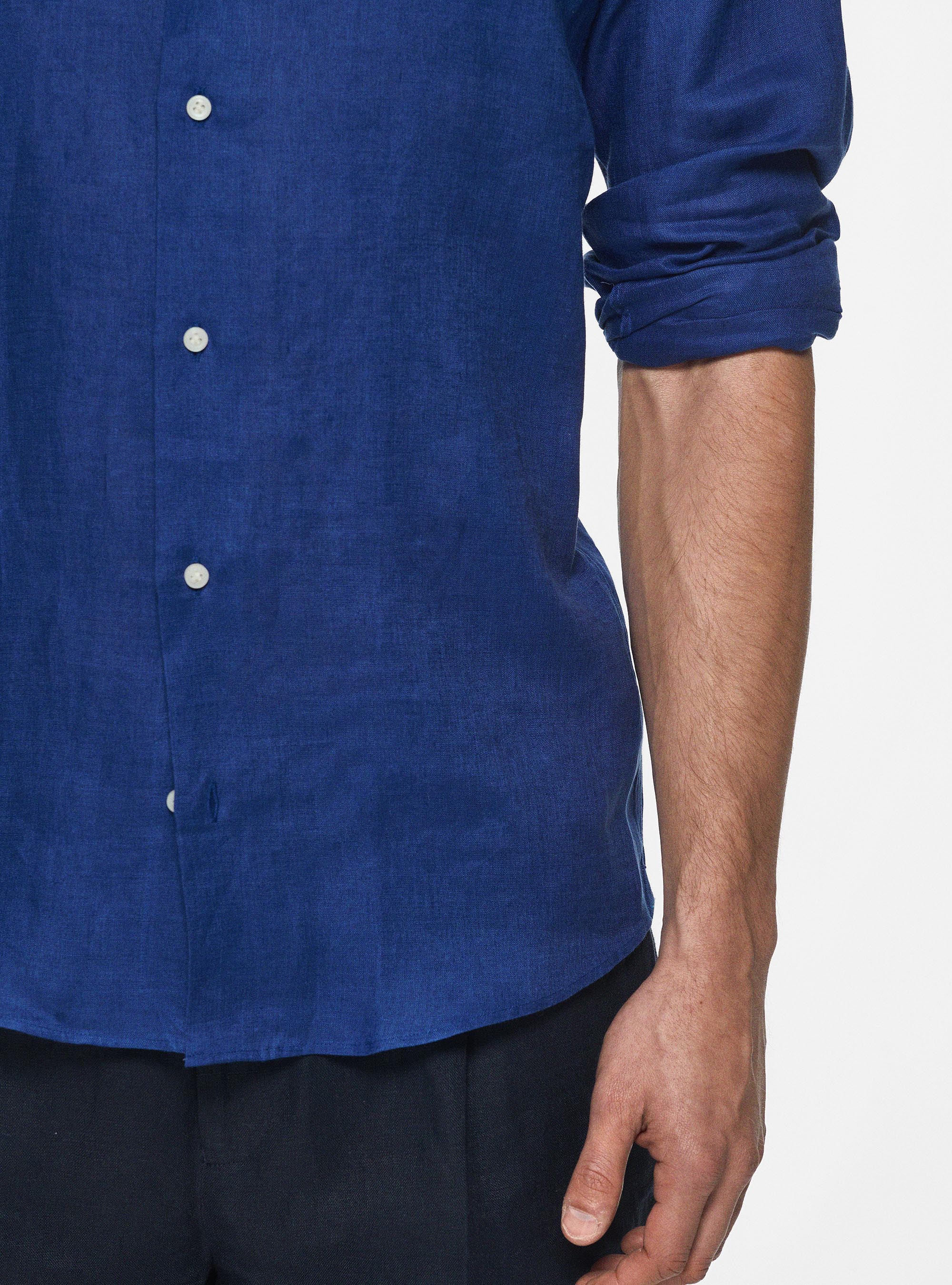 Camicia collo italiano in puro lino, BLU
