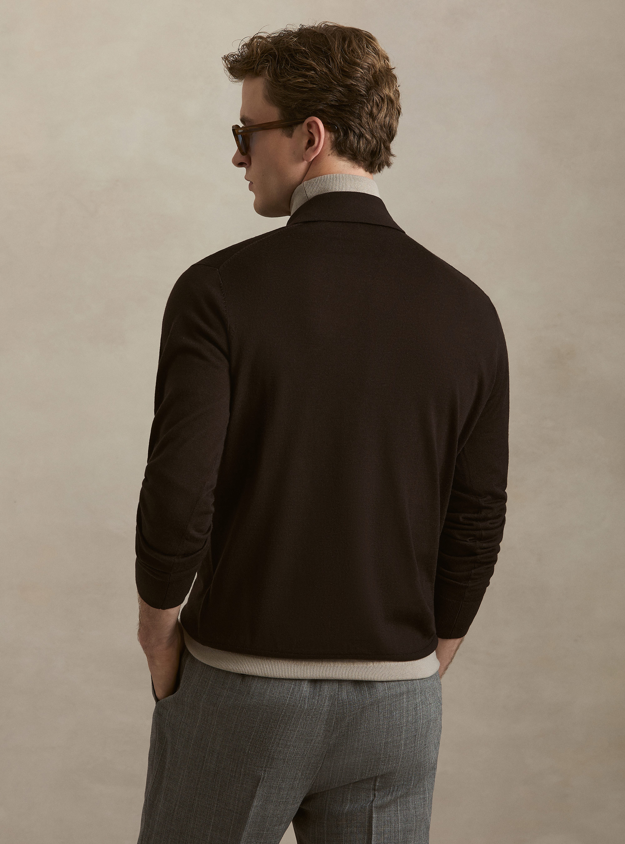 Polo in maglia in lana merino extrafine, MARRONE