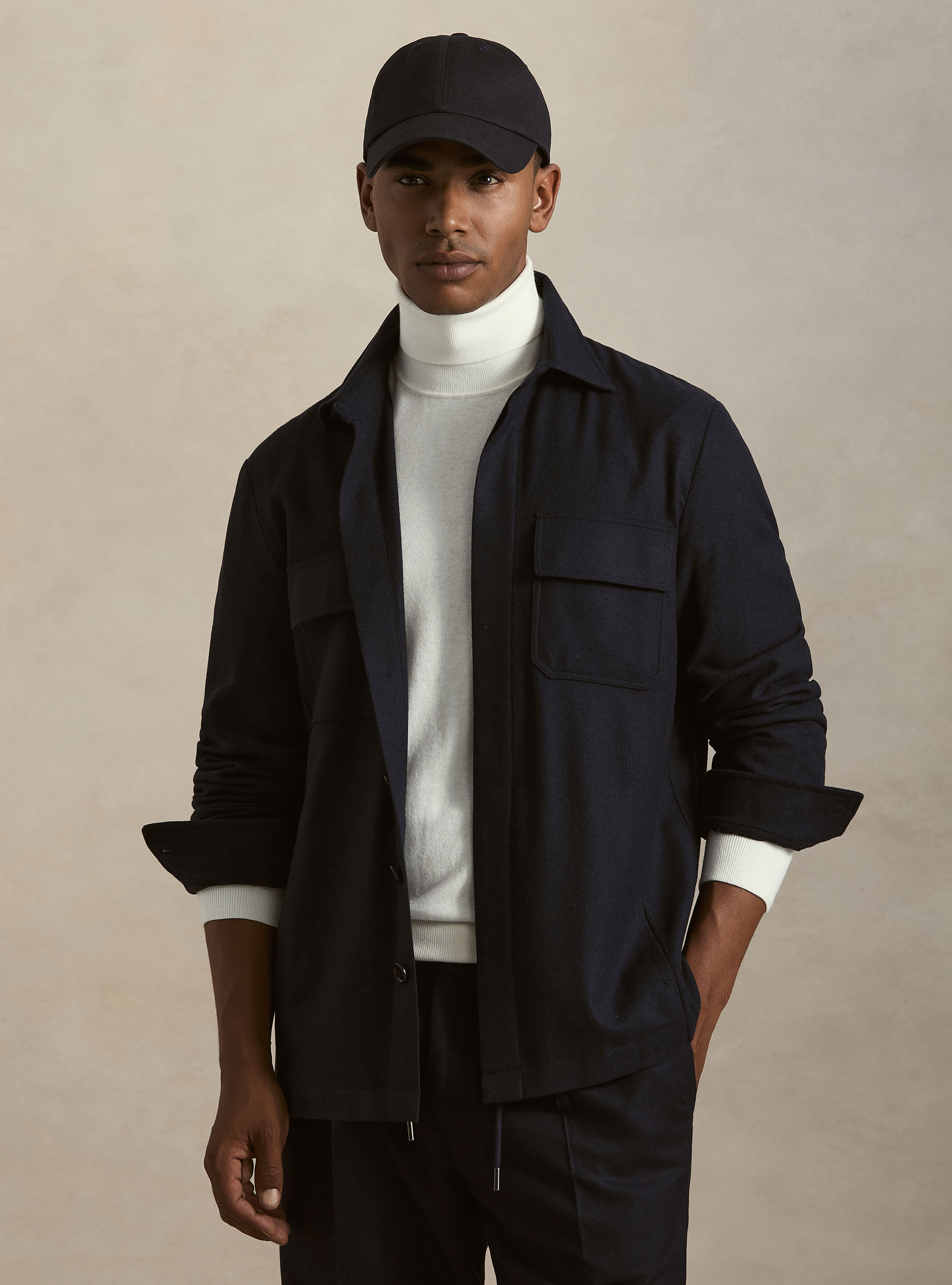 Giacca camicia leggera in flanella misto lana, NAVY