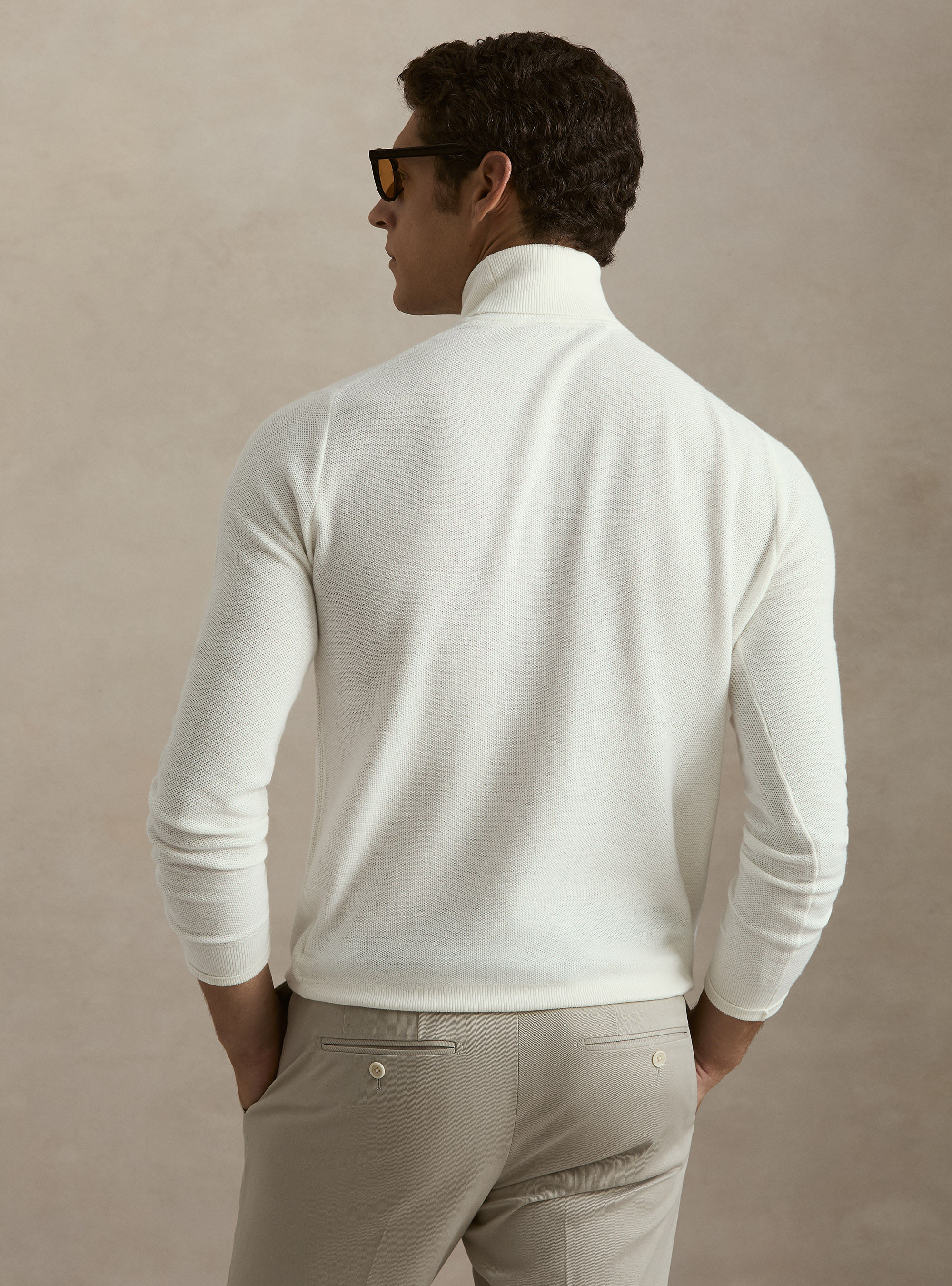 Dolcevita in maglia nido d'ape in cotone e cashmere, BIANCO