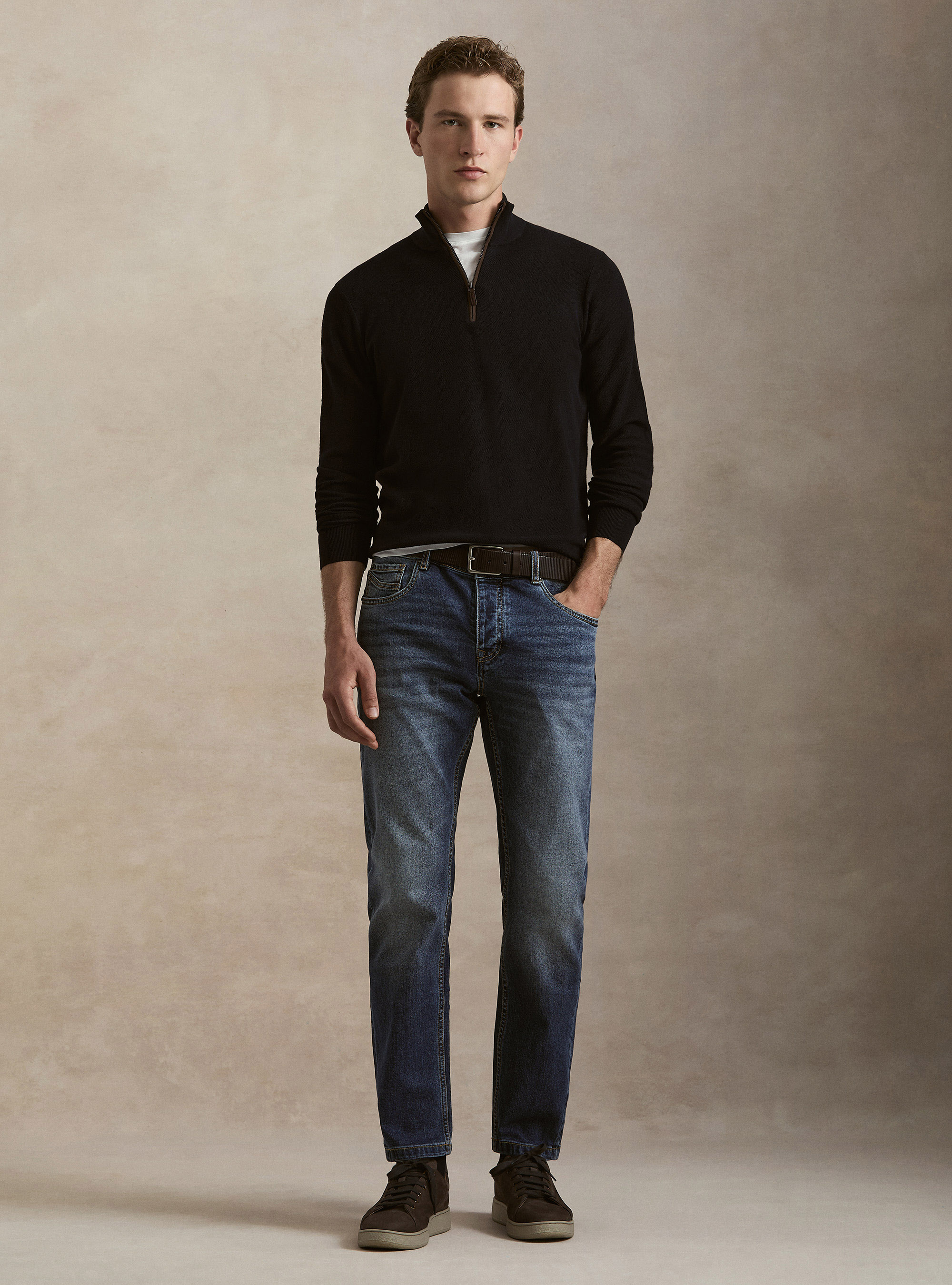 Maglia con mezza zip in cotone cashmere nido d'ape, BLU NAVY