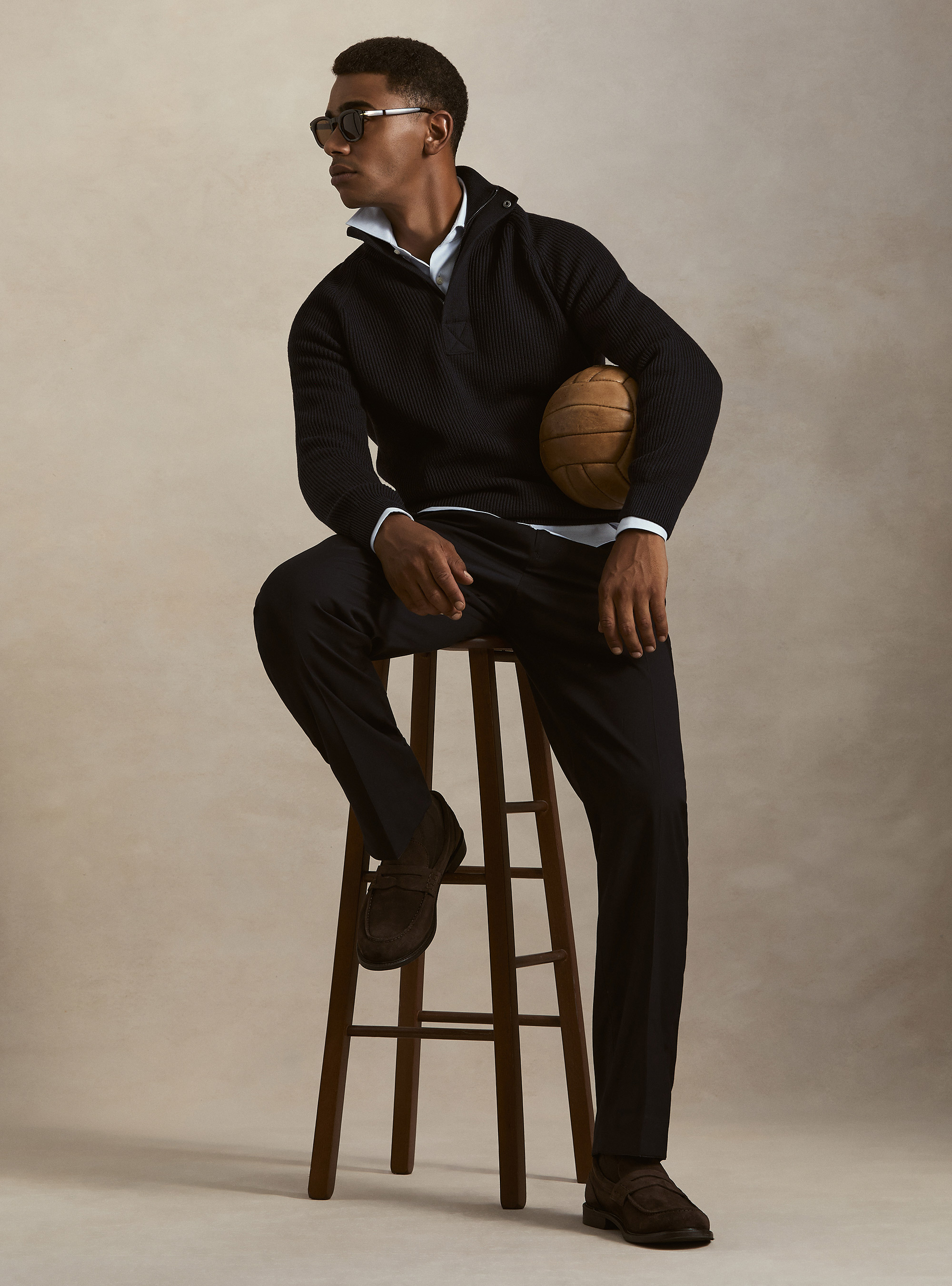Maglia mezza zip in lana e cotone a coste, BLU NAVY