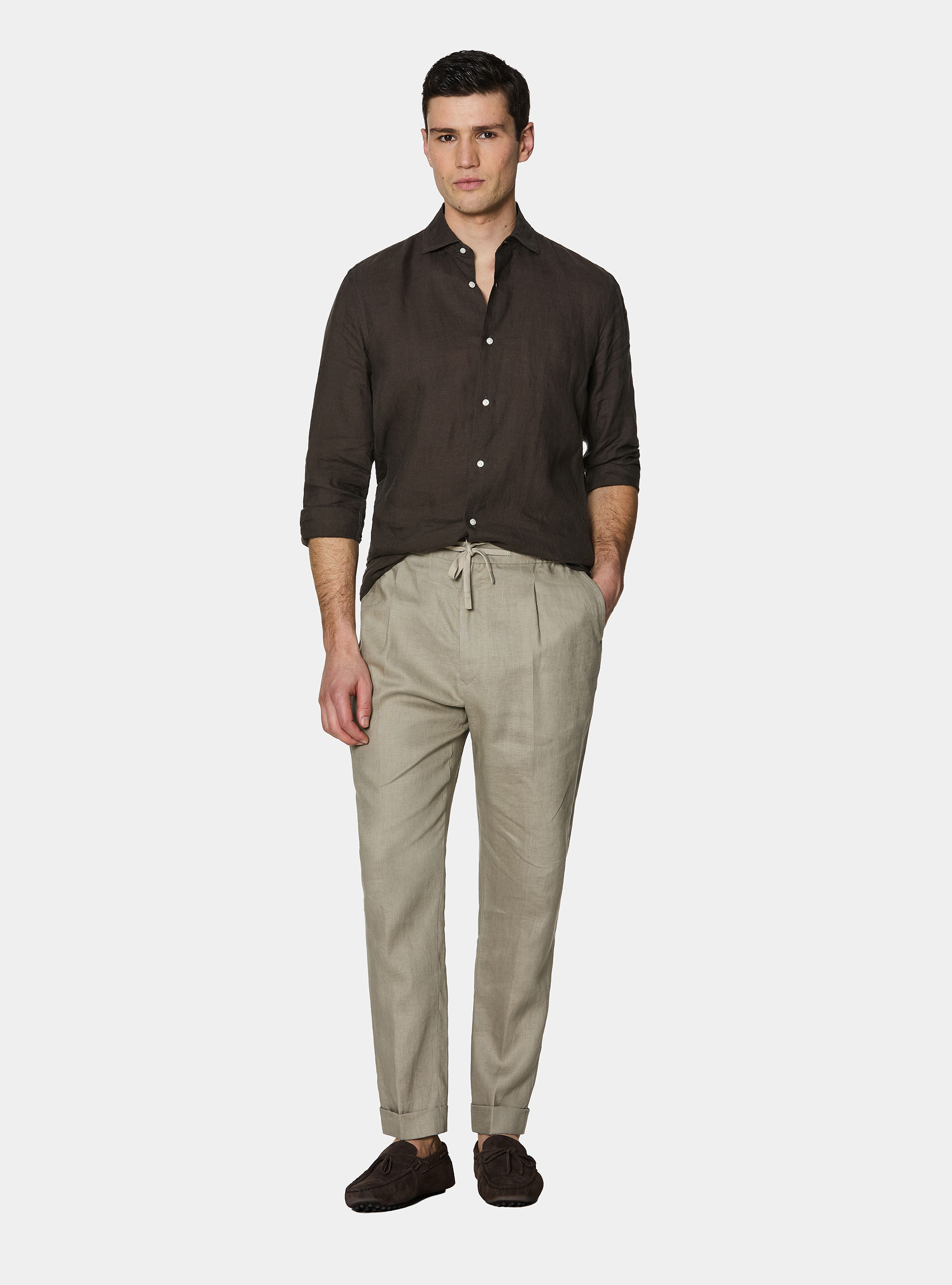 Camicia in puro lino, MARRONE