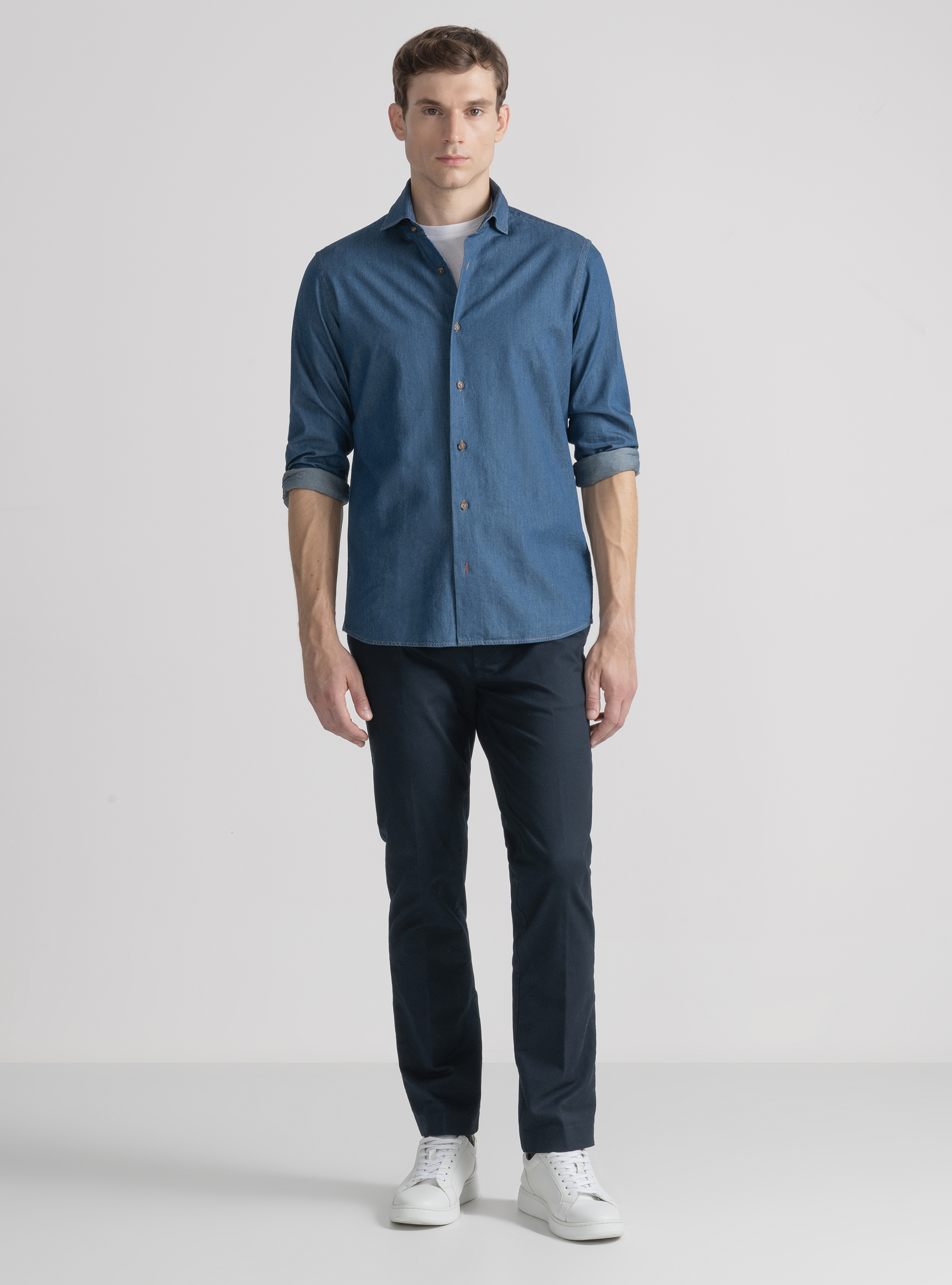 Pantaloni chino slim fit in twill stretch, BLU NAVY