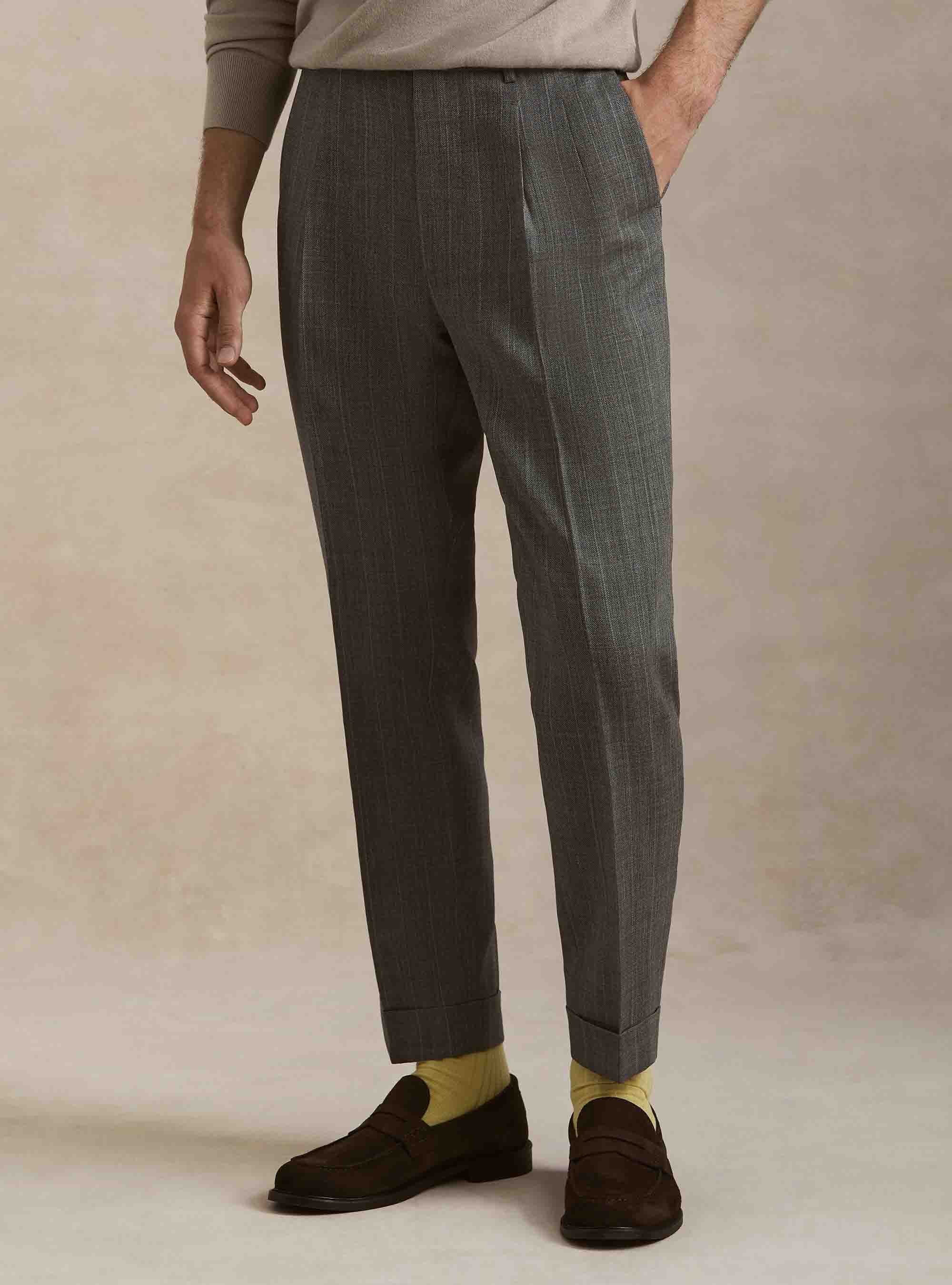 Pantaloni con pince in pura lana spigata, GRIGIO MED MEL 0123C