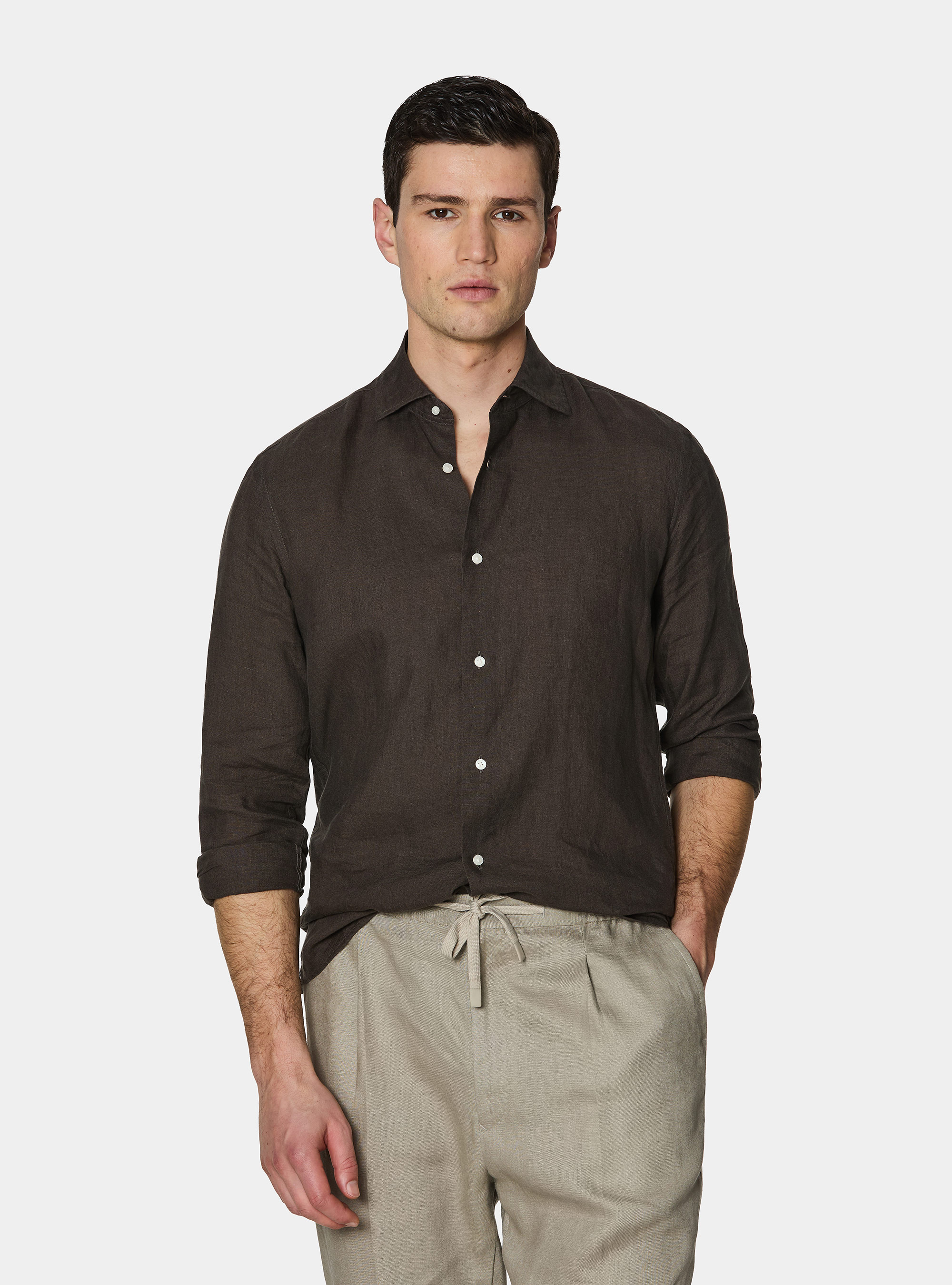 Camicia in puro lino, MARRONE