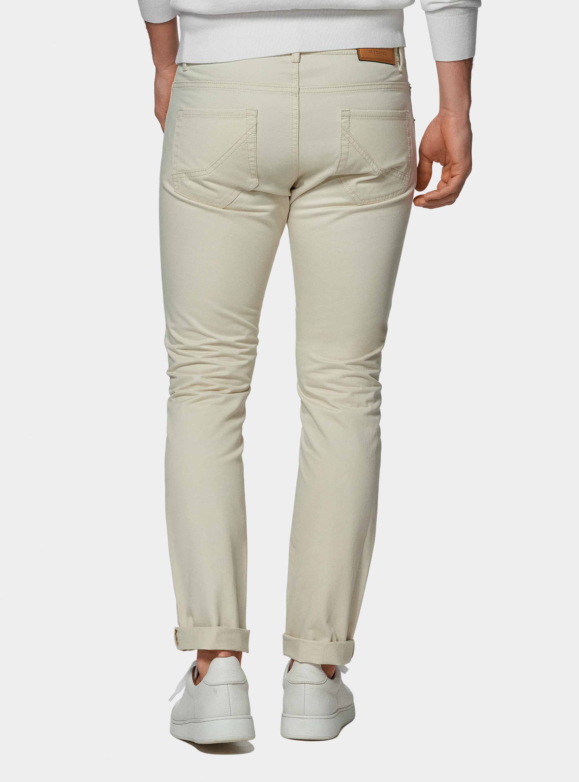 Pantaloni 5 tasche in twill di cotone, PANNA