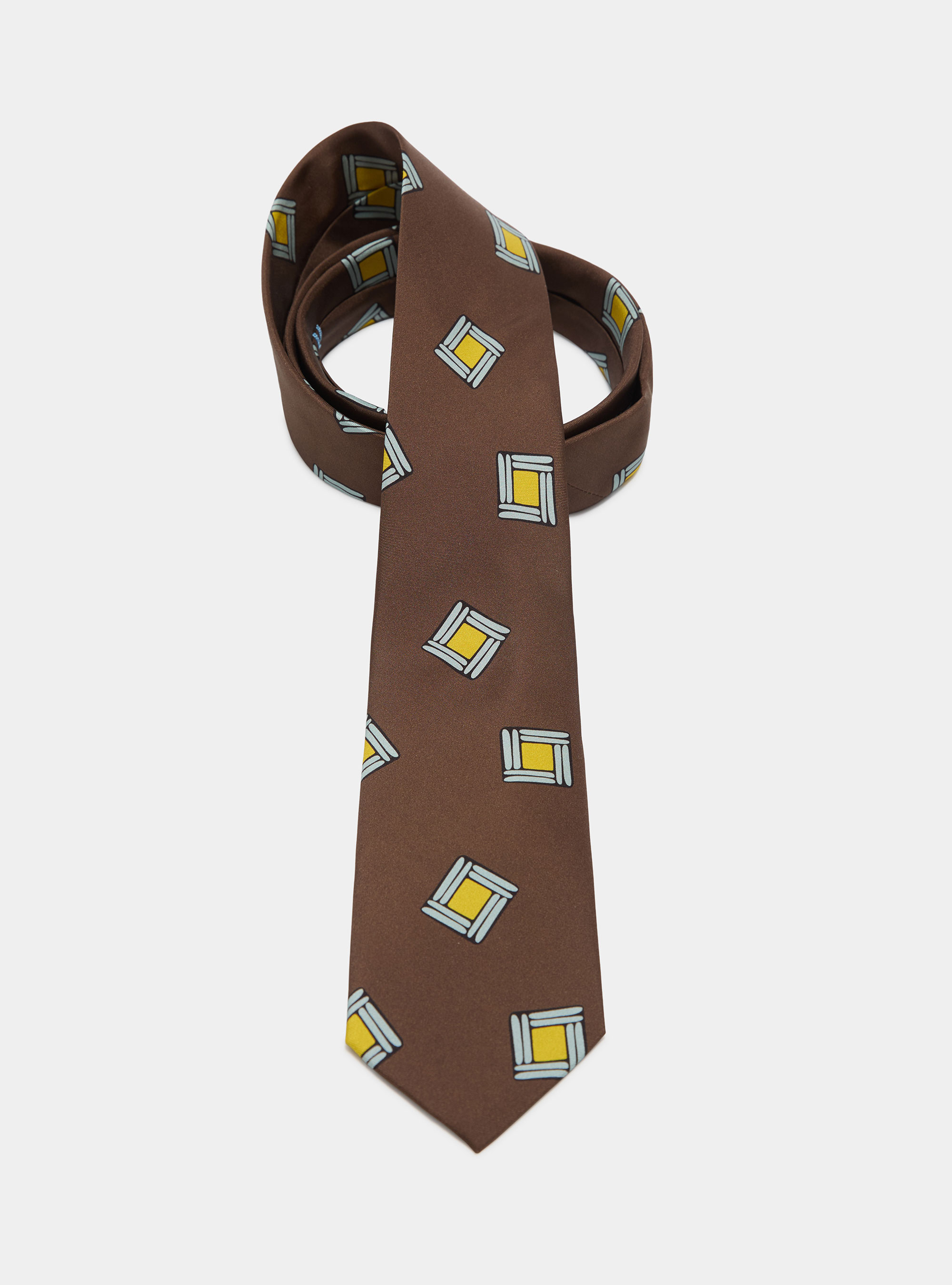 Cravatta in twill di seta stampa geometrica, MARRONE