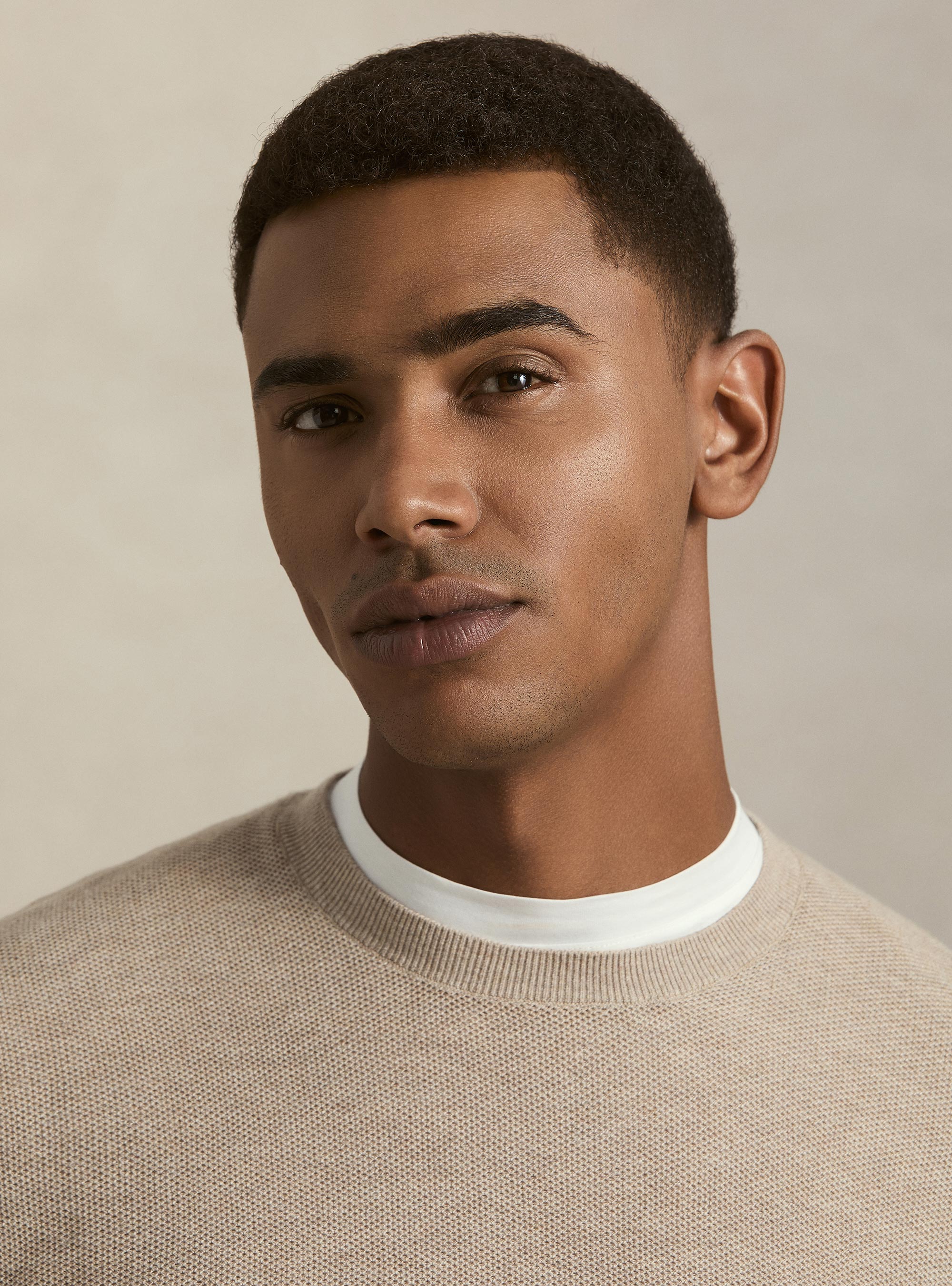 Maglia girocollo in cotone cashmere nido d'ape, ECRU