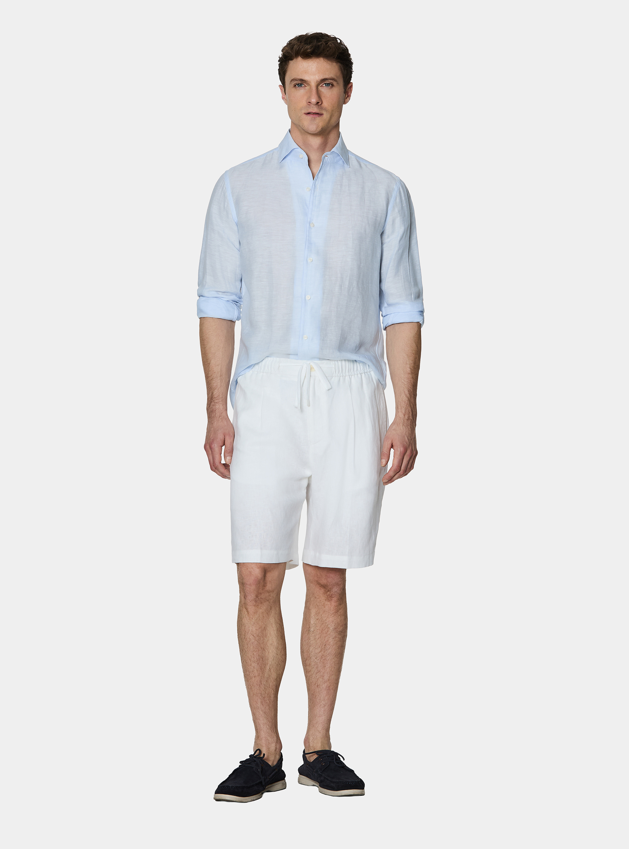 Camicia in misto lino con paramontura, AZZURRO