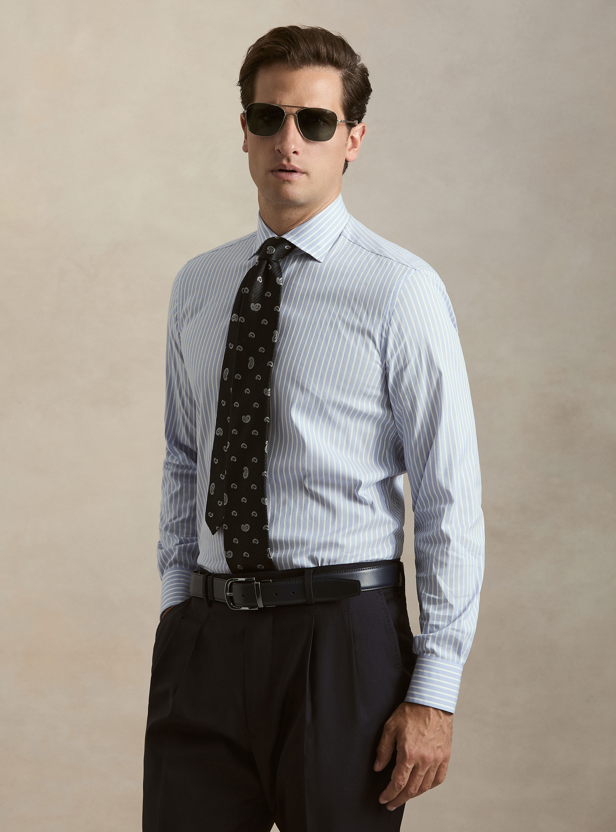 Camicia rigata in misto cotone, AZZURRO