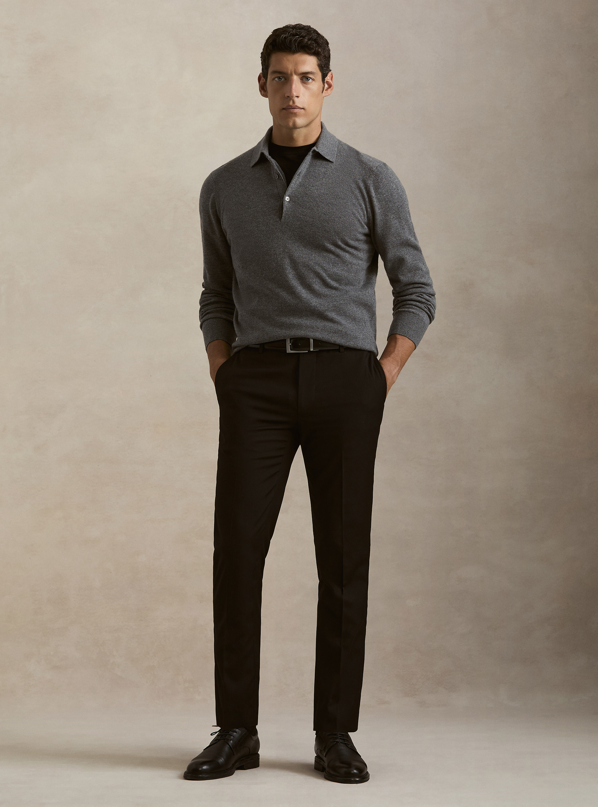 Polo a manica lunga in puro cashmere, GRIGIO SCURO 0125C