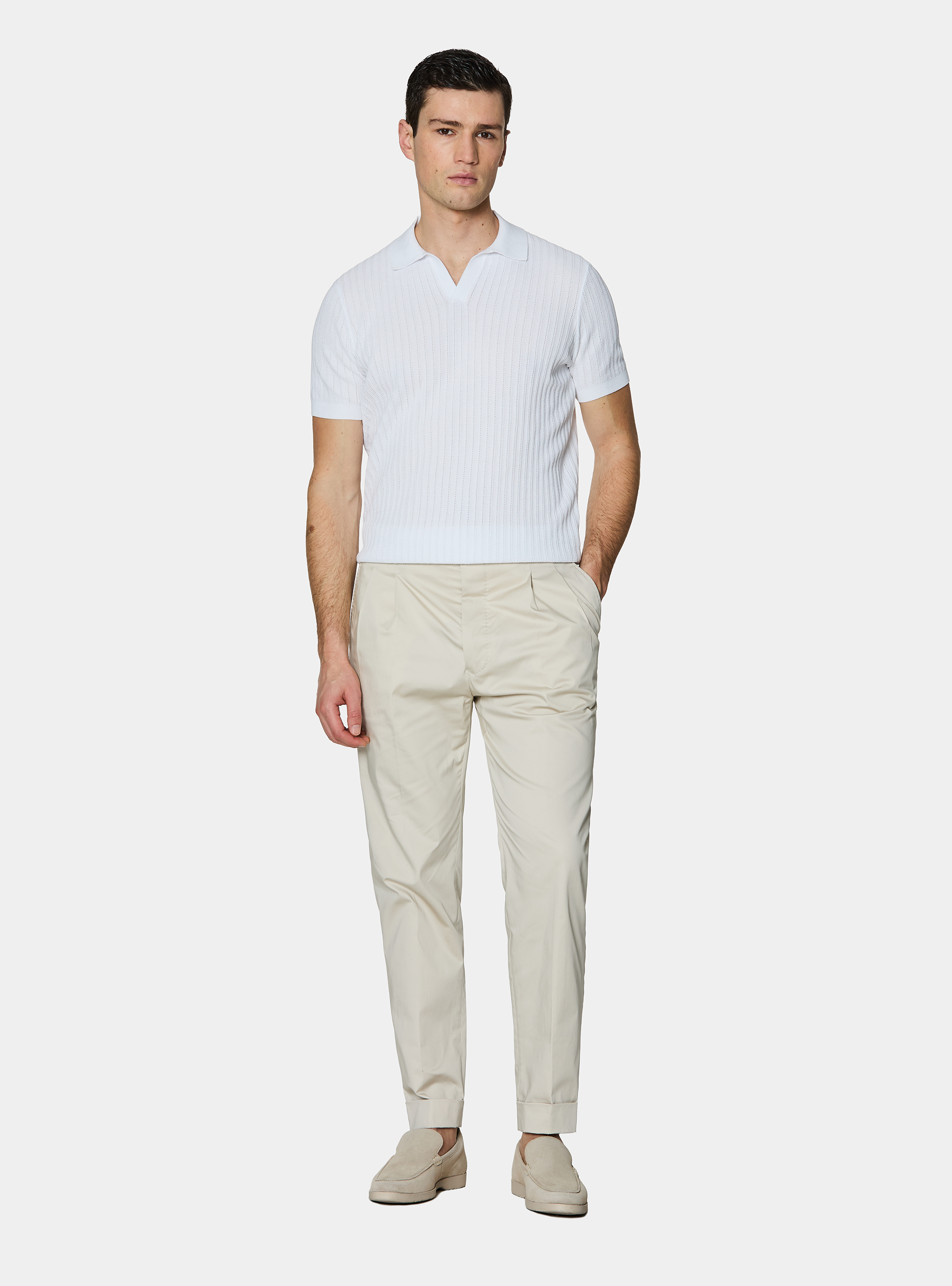 Pantaloni con pince in cotone popeline stretch, PANNA