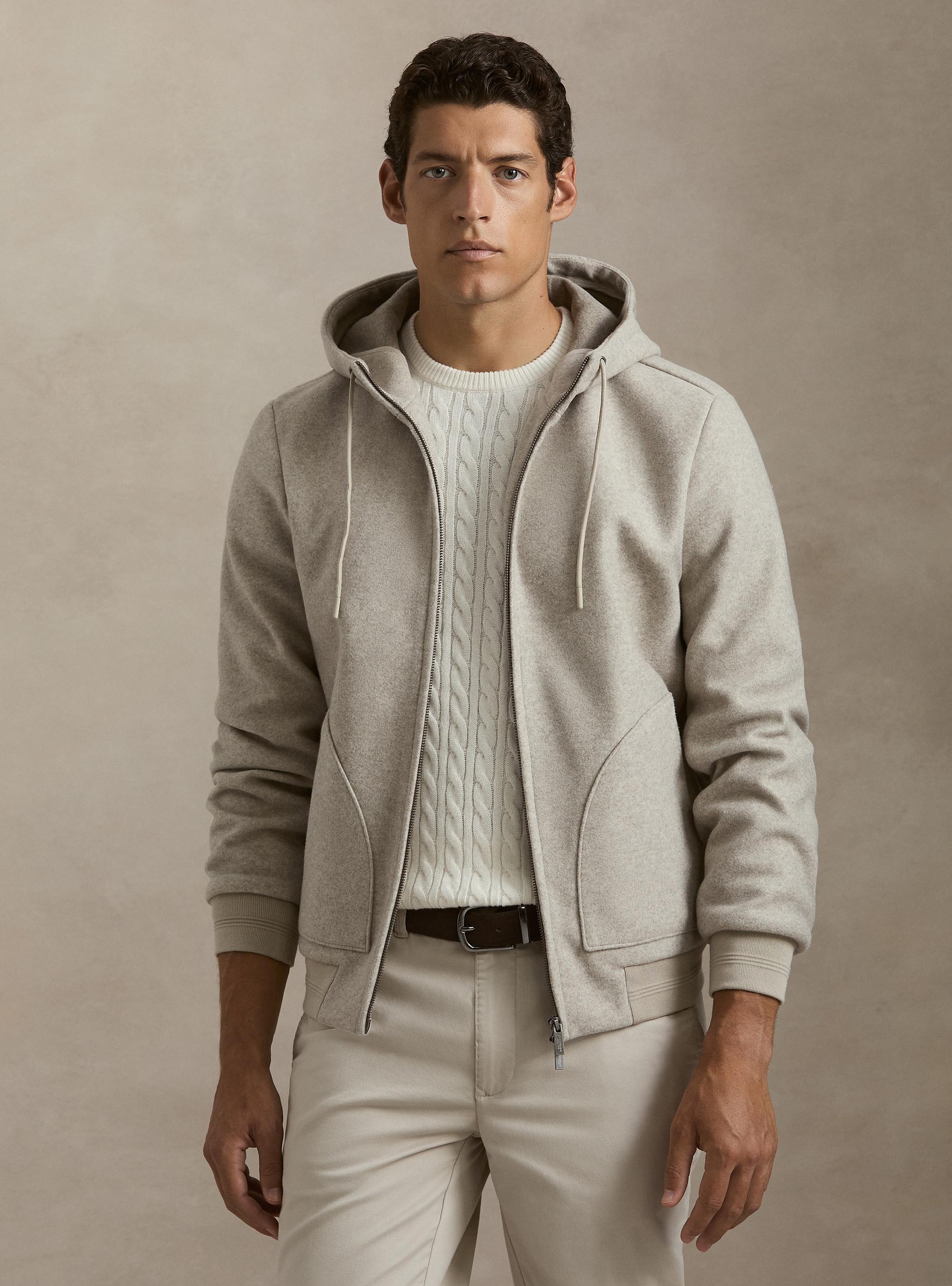 Giubbino in panno stretch con cappuccio, ECRU
