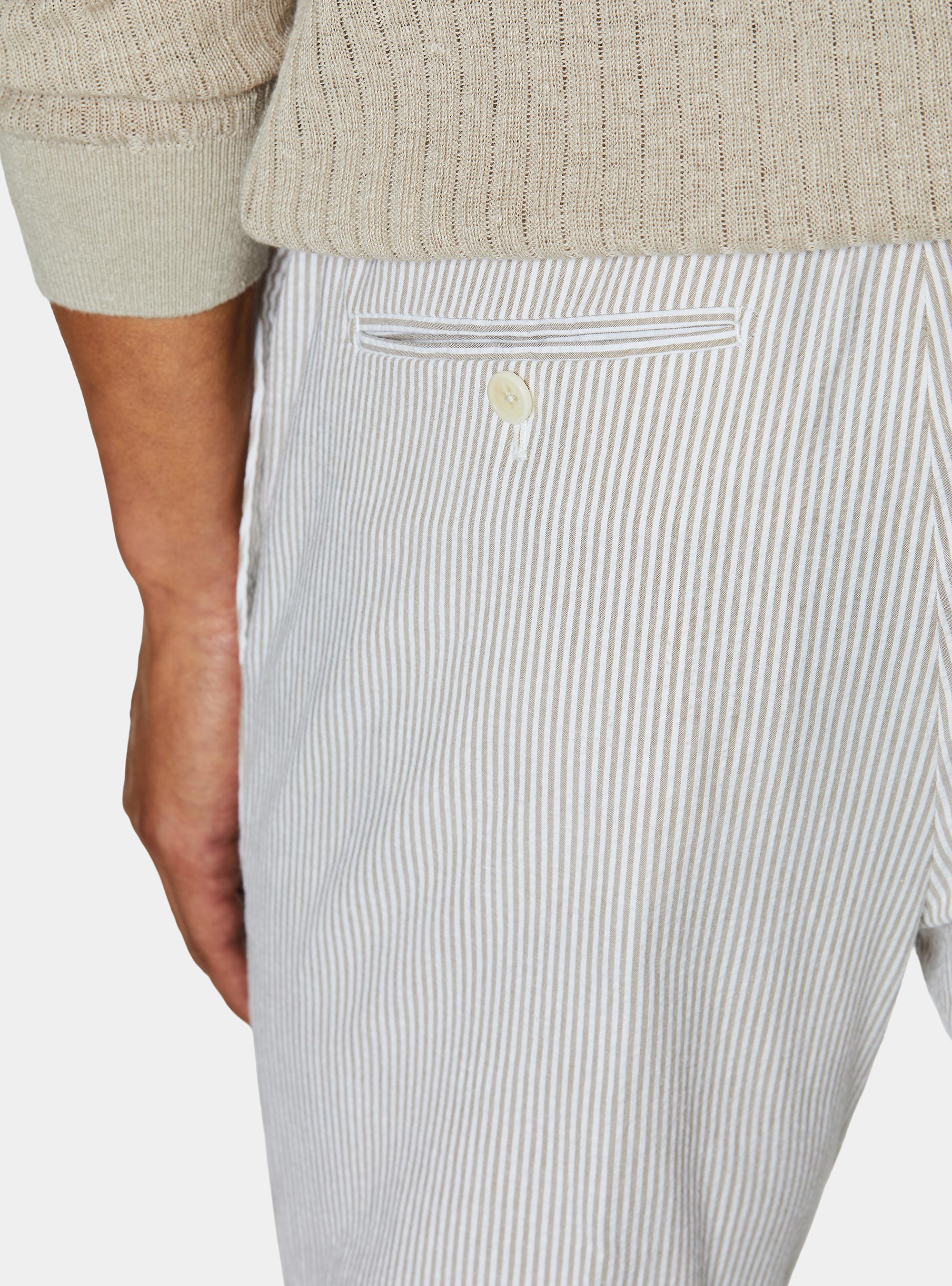 Pantaloni rigati con coulisse in misto cotone seersucker, SABBIA