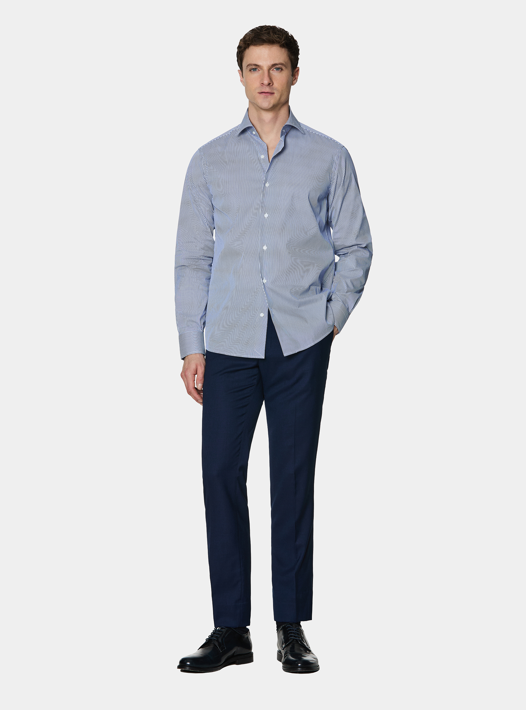 Camicia in cotone rigato popeline stretch, BLU