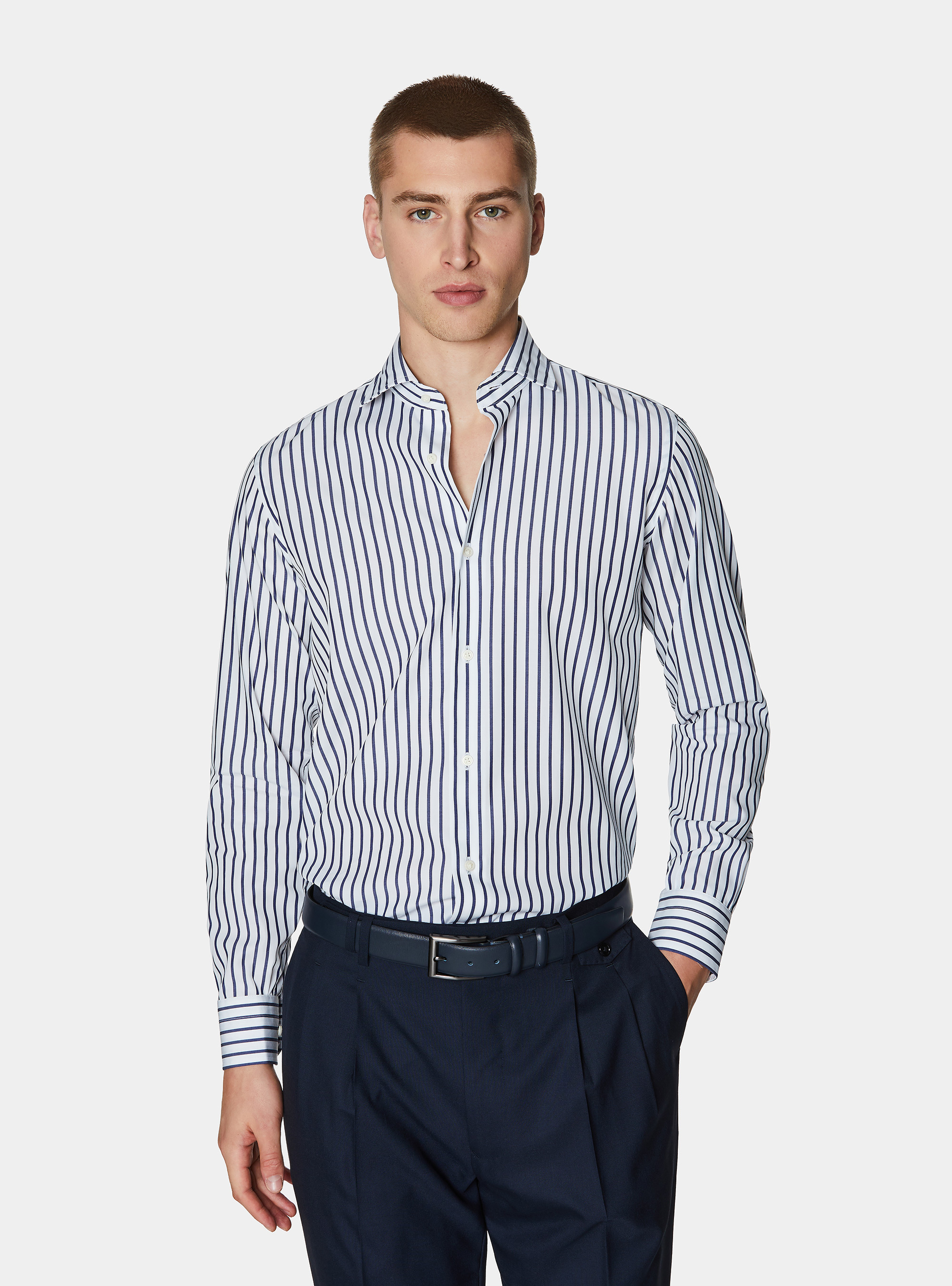 Camicia rigata in popeline di cotone, BIANCO