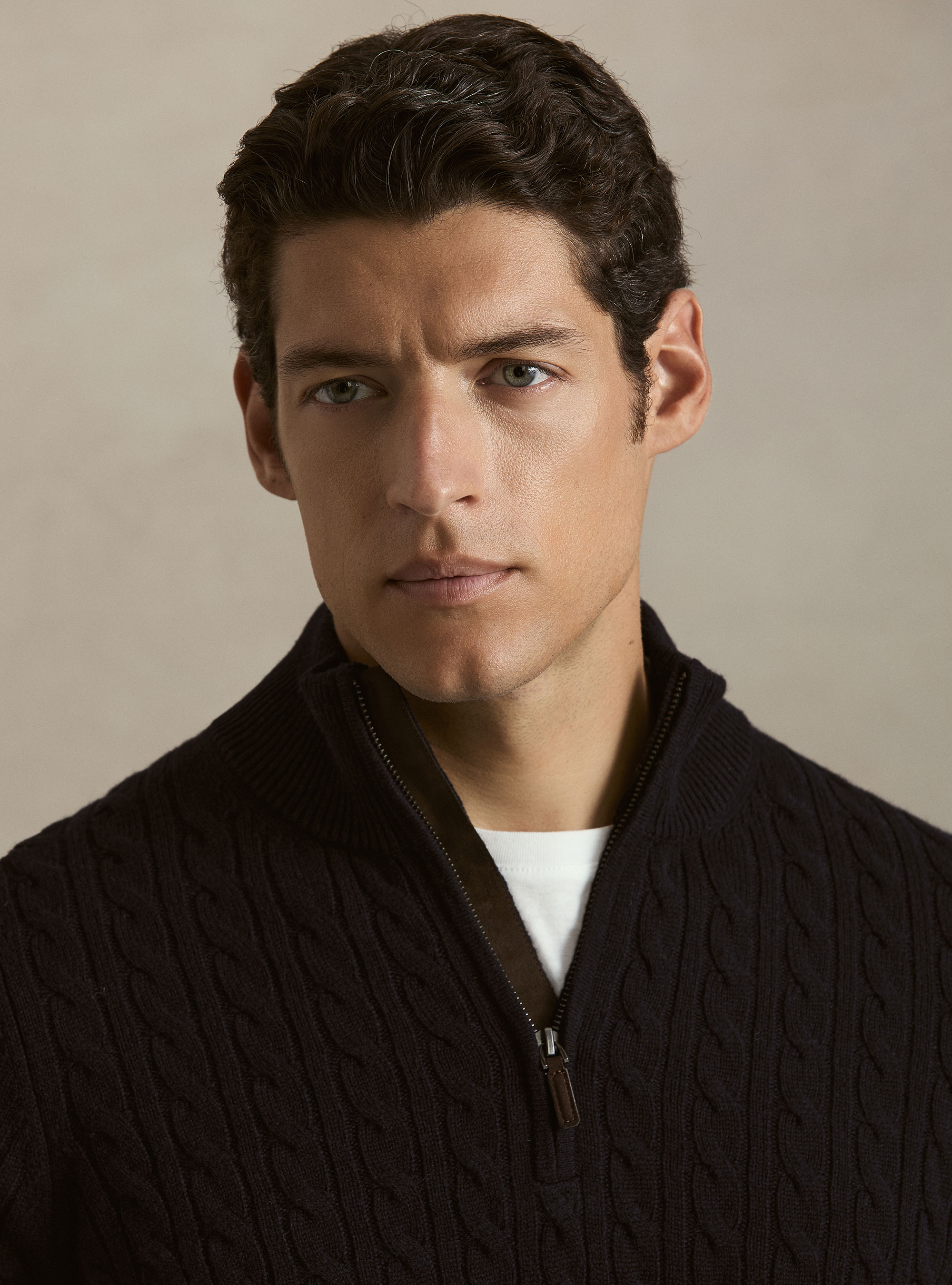 Maglia lupetto a trecce in lana e cashmere, BLU NAVY
