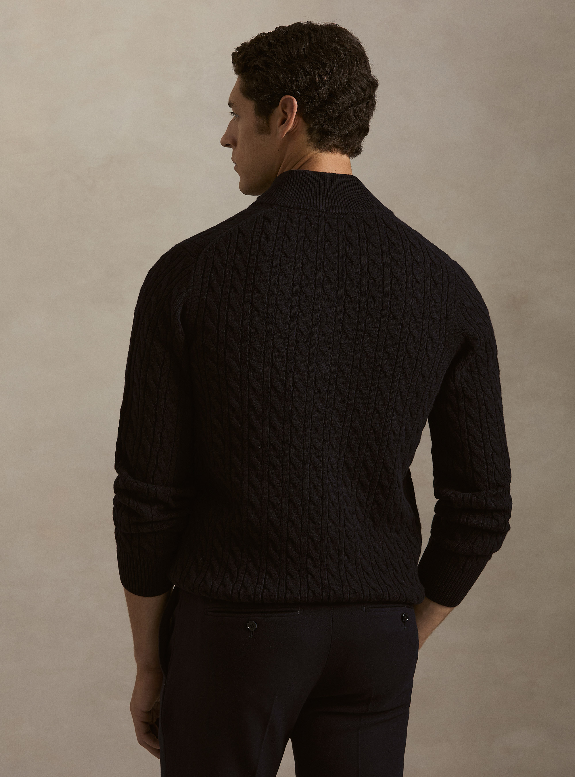 Maglia lupetto a trecce in lana e cashmere, BLU NAVY