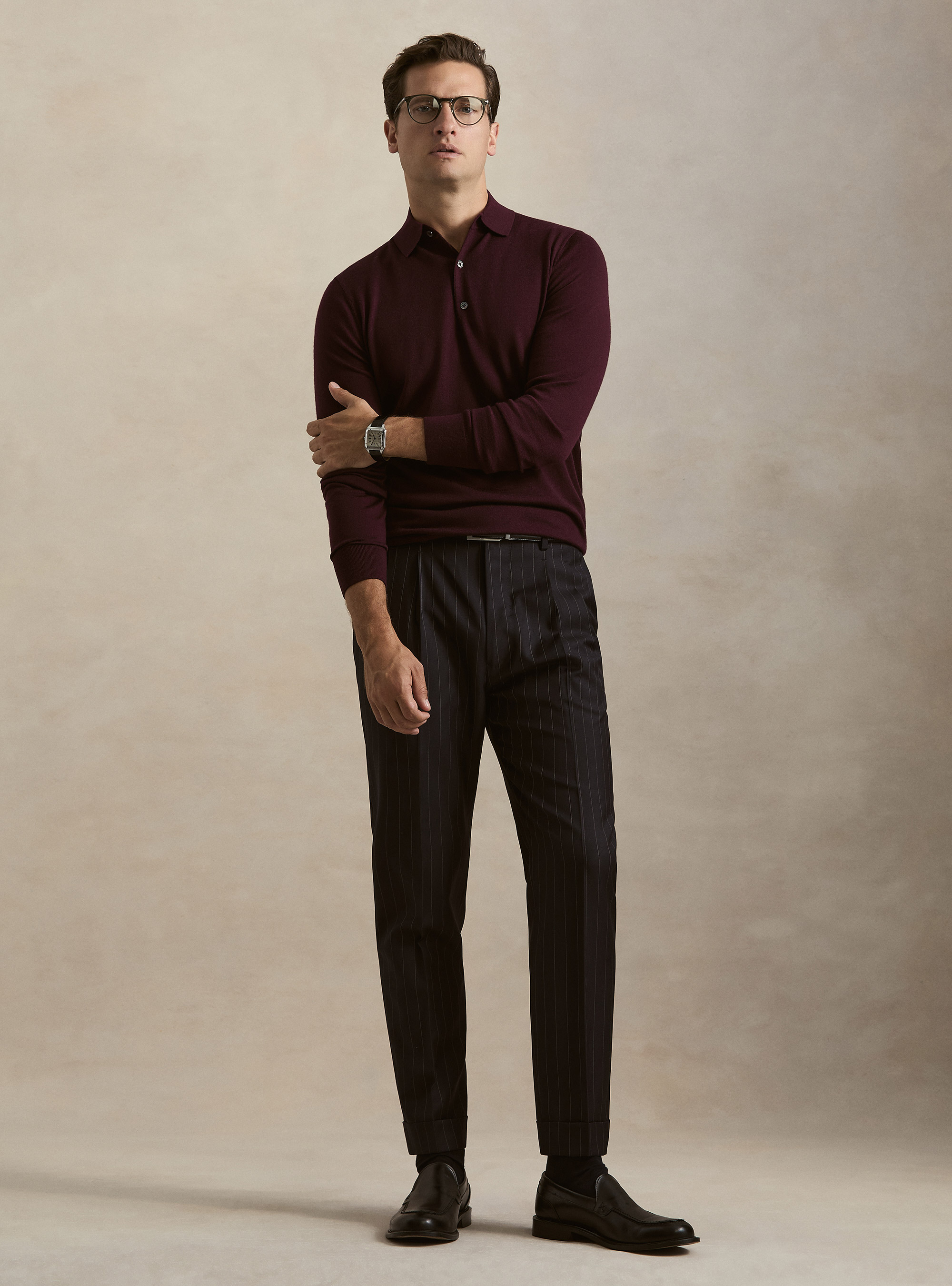 Polo in maglia in lana merino extrafine, BORDEAUX