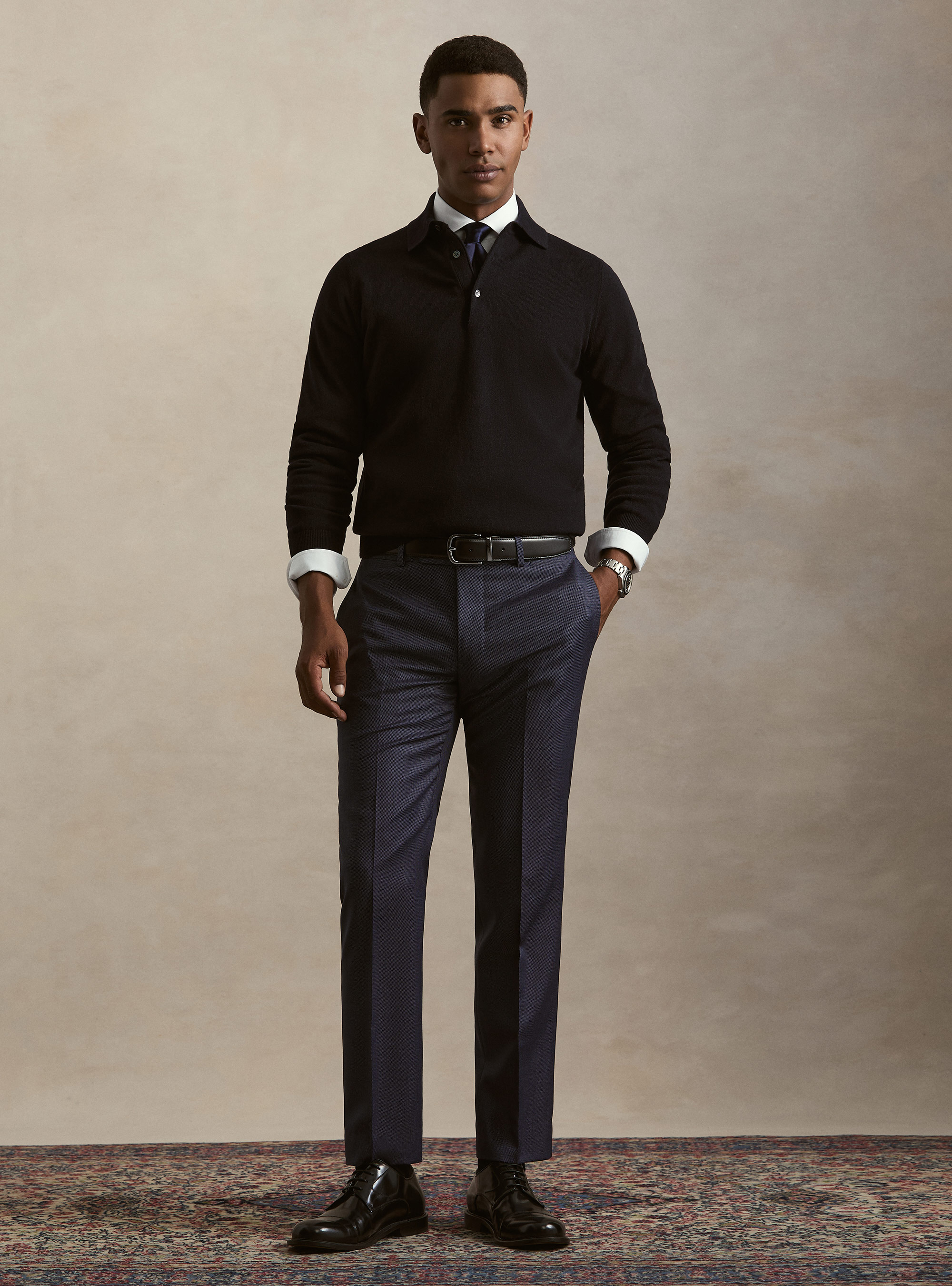 Polo a manica lunga in puro cashmere, BLU NAVY