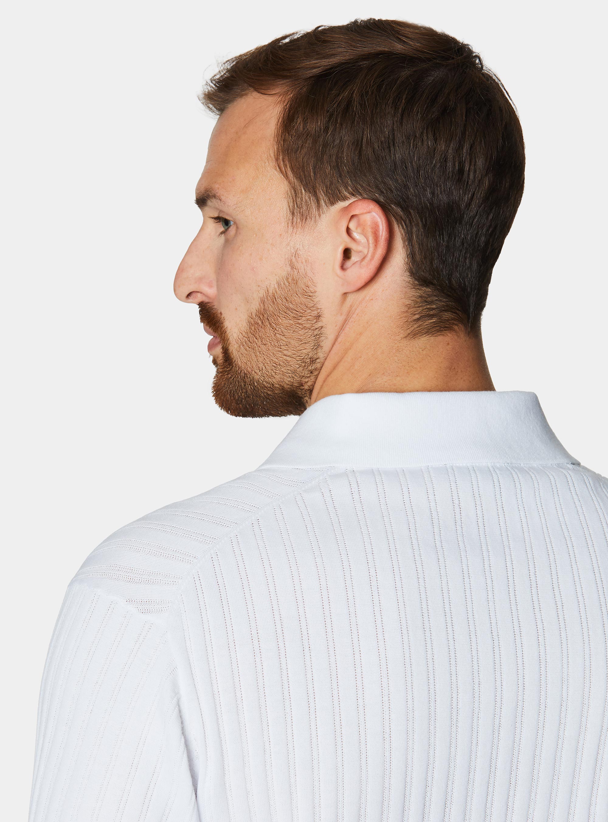 Polo in maglia in cotone extrafine a costa traforata, BIANCO