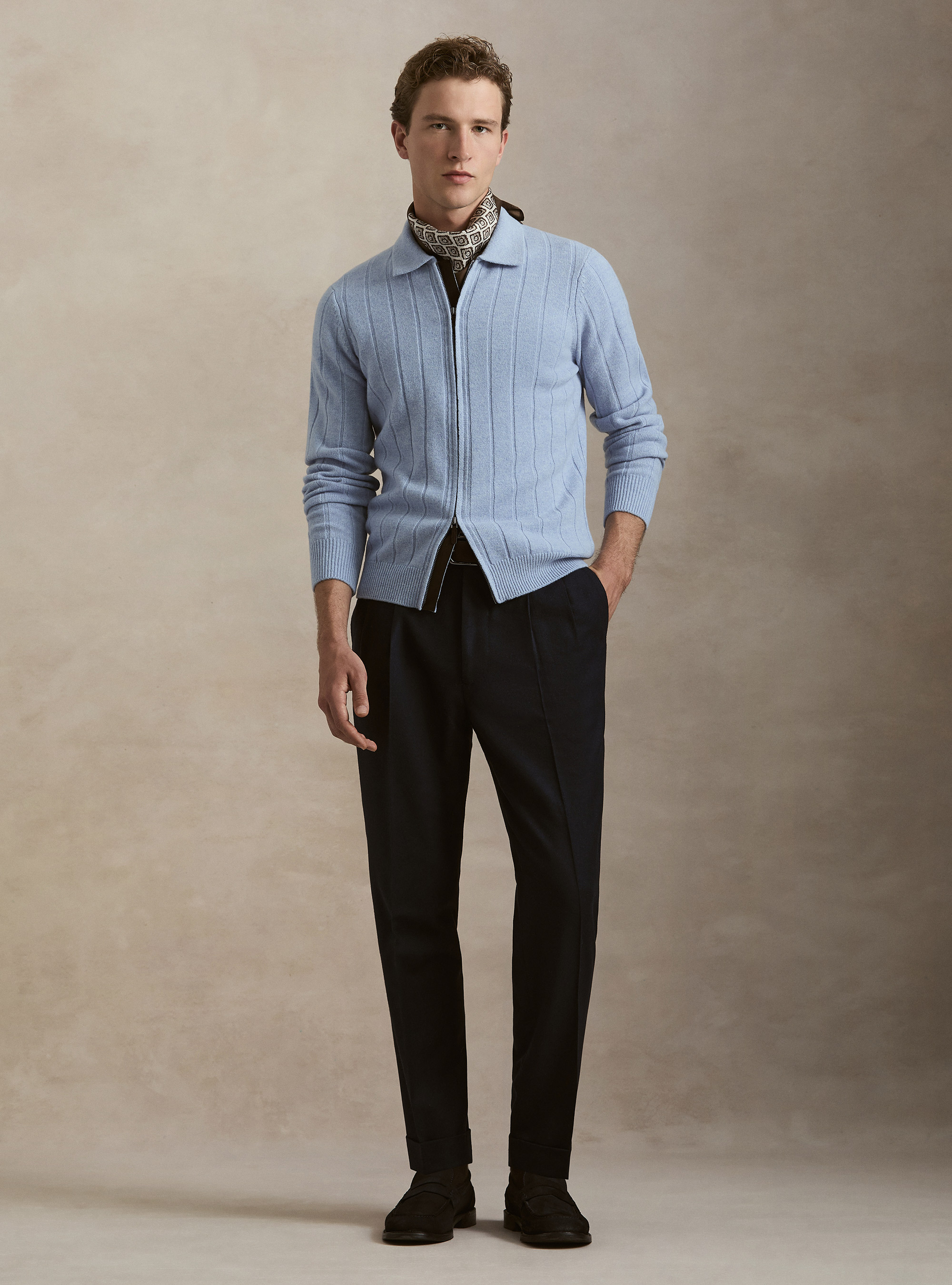 Maglia full zip con colletto in lana e cashmere a costa piatta, AZZURRO POLVERE 0283C