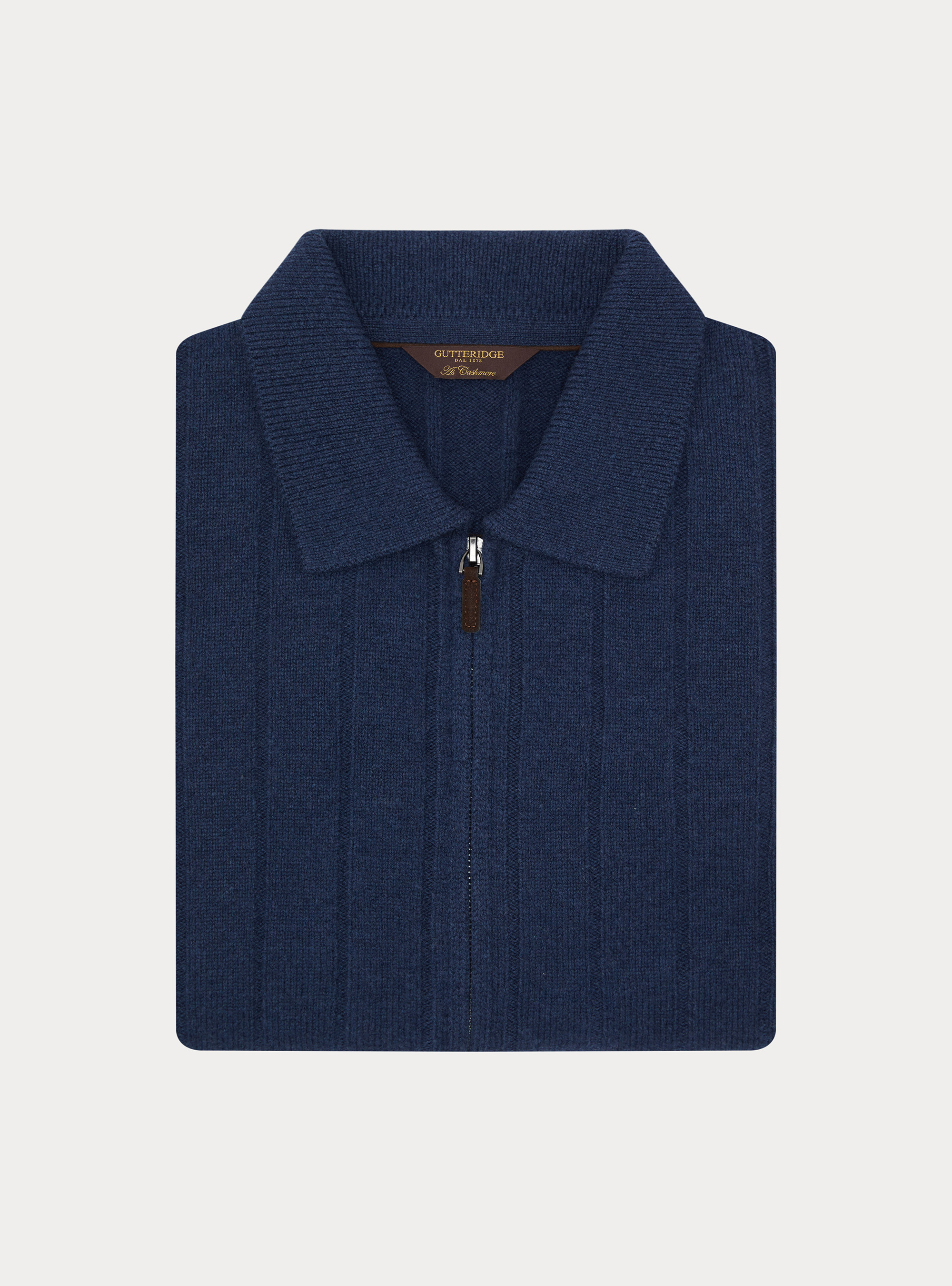 Maglia full zip con colletto in lana e cashmere a costa piatta, INCHIOSTRO