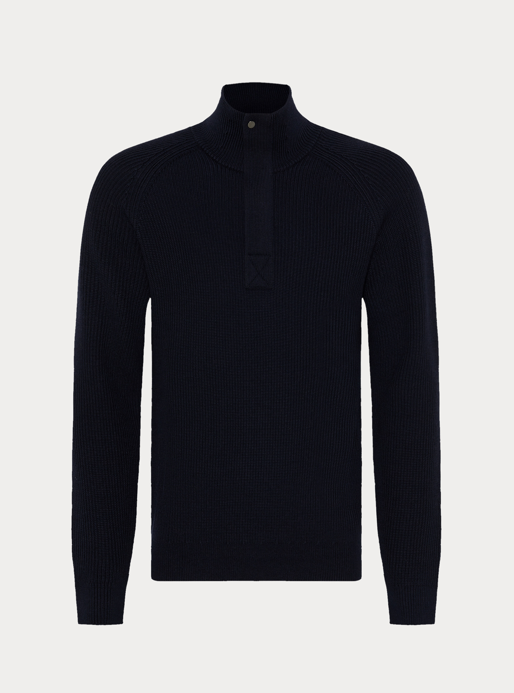 Maglia mezza zip in lana e cotone a coste, BLU NAVY
