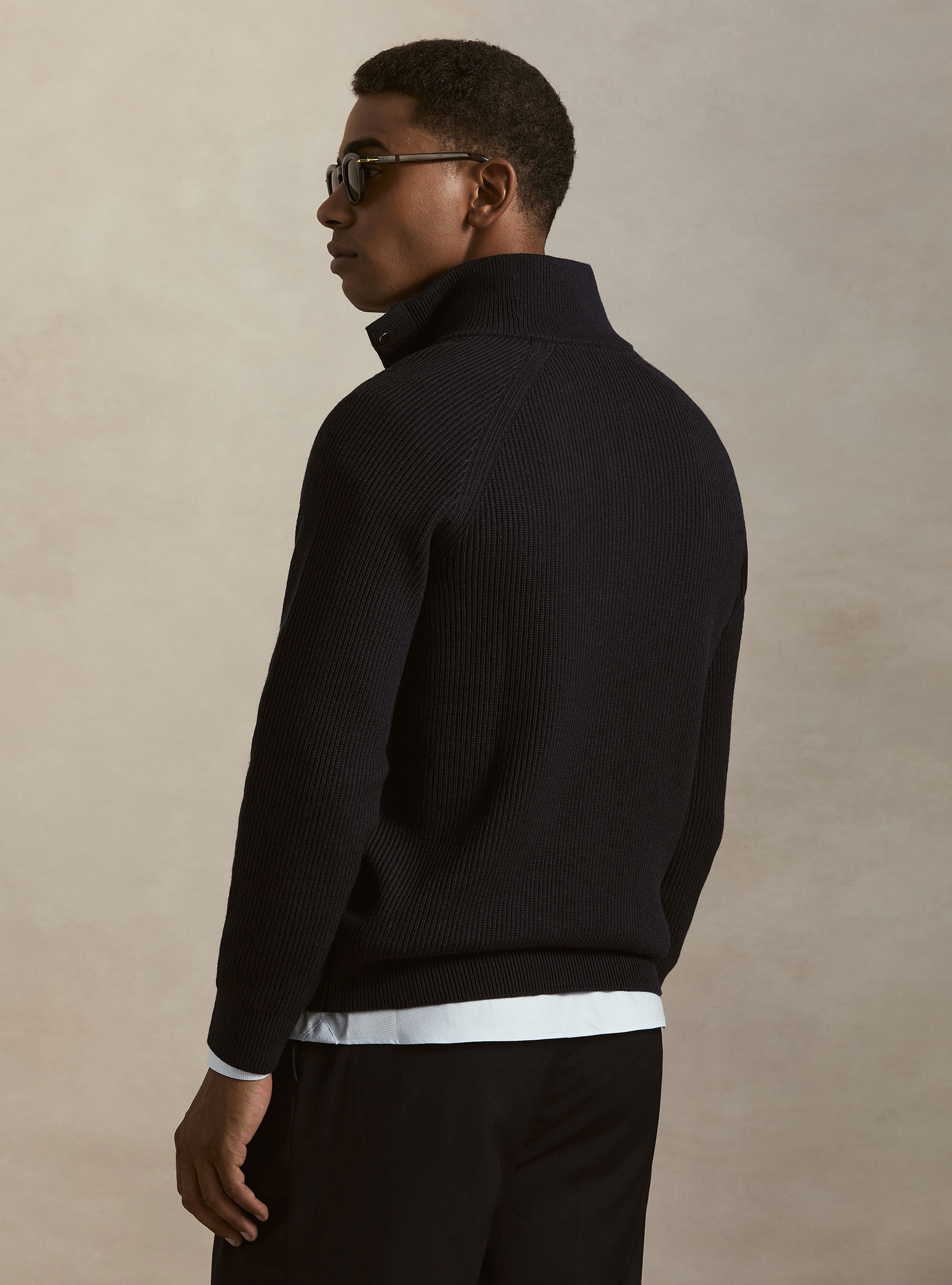 Maglia mezza zip in lana e cotone a coste, BLU NAVY
