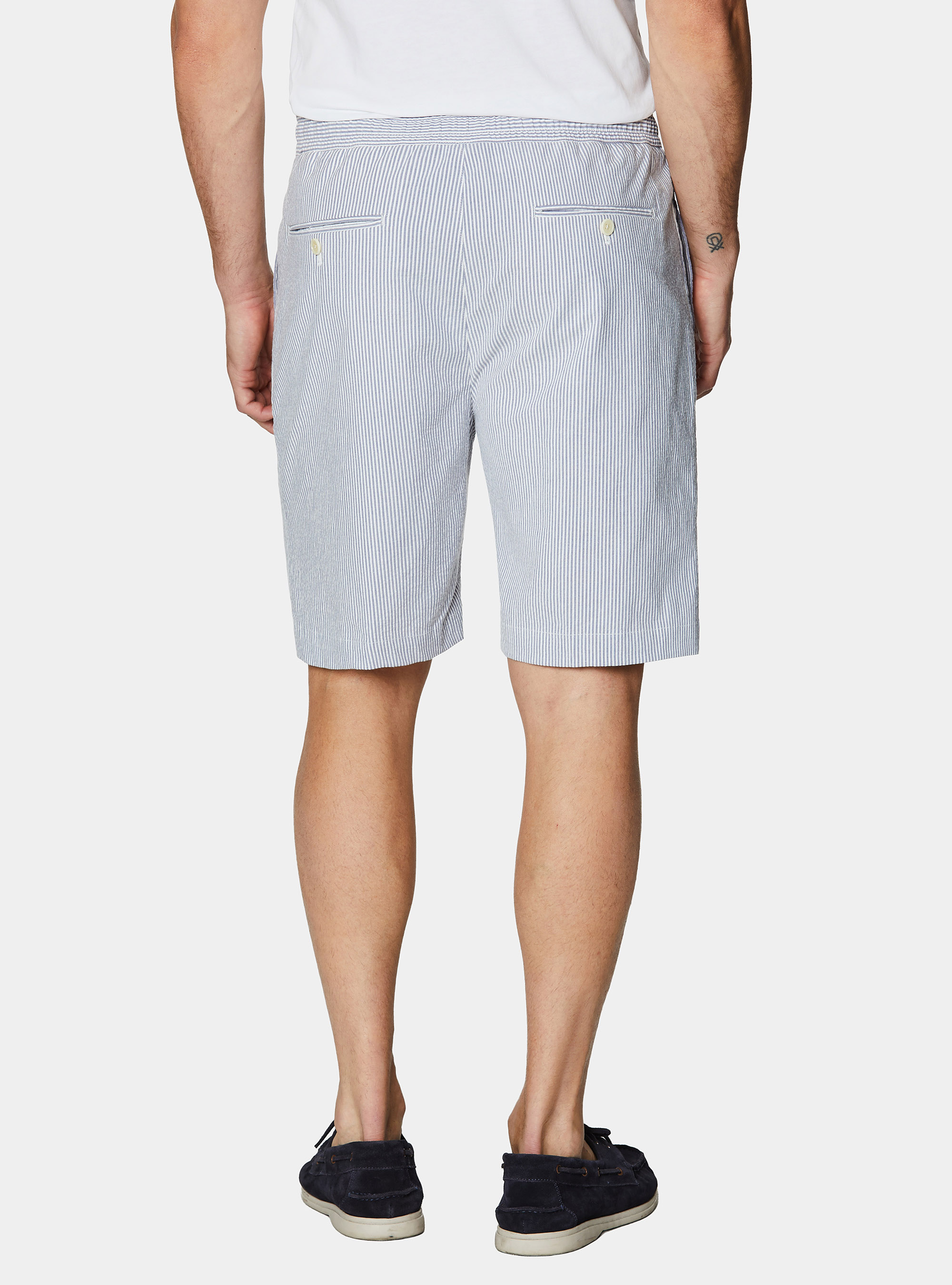 Bermuda in cotone stretch seersucker con coulisse, BLU