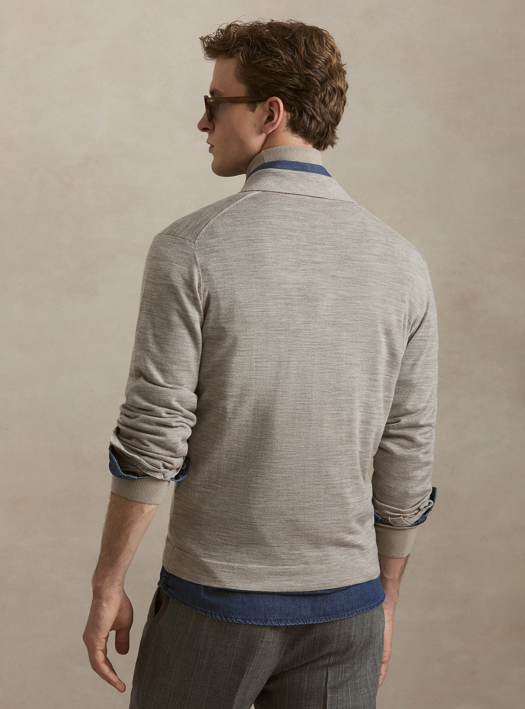 Polo camicia in maglia lana merino extrafine, SABBIA MELANGE 0564C