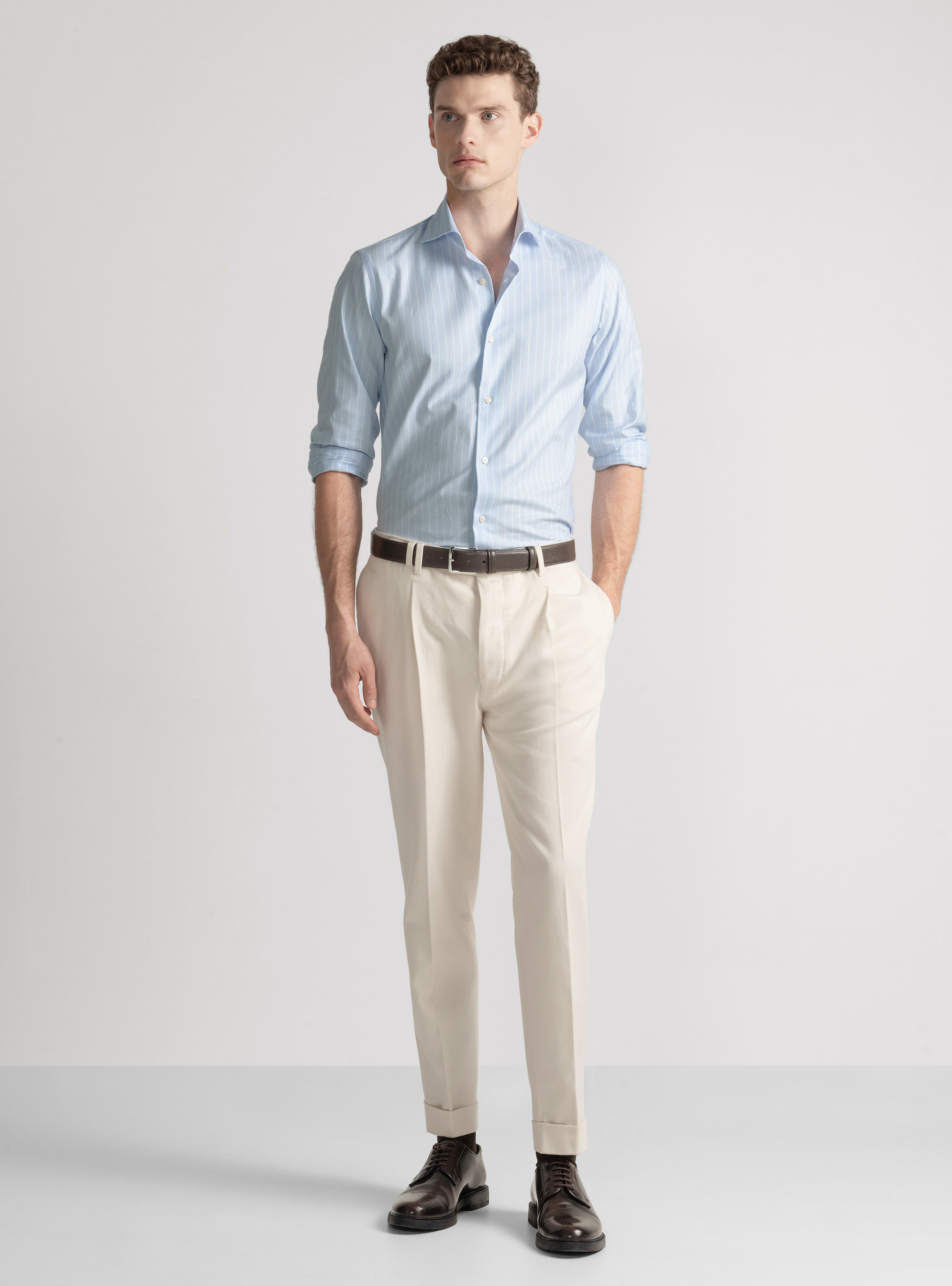 Pantaloni con pince in twill di cotone e cashmere, PANNA