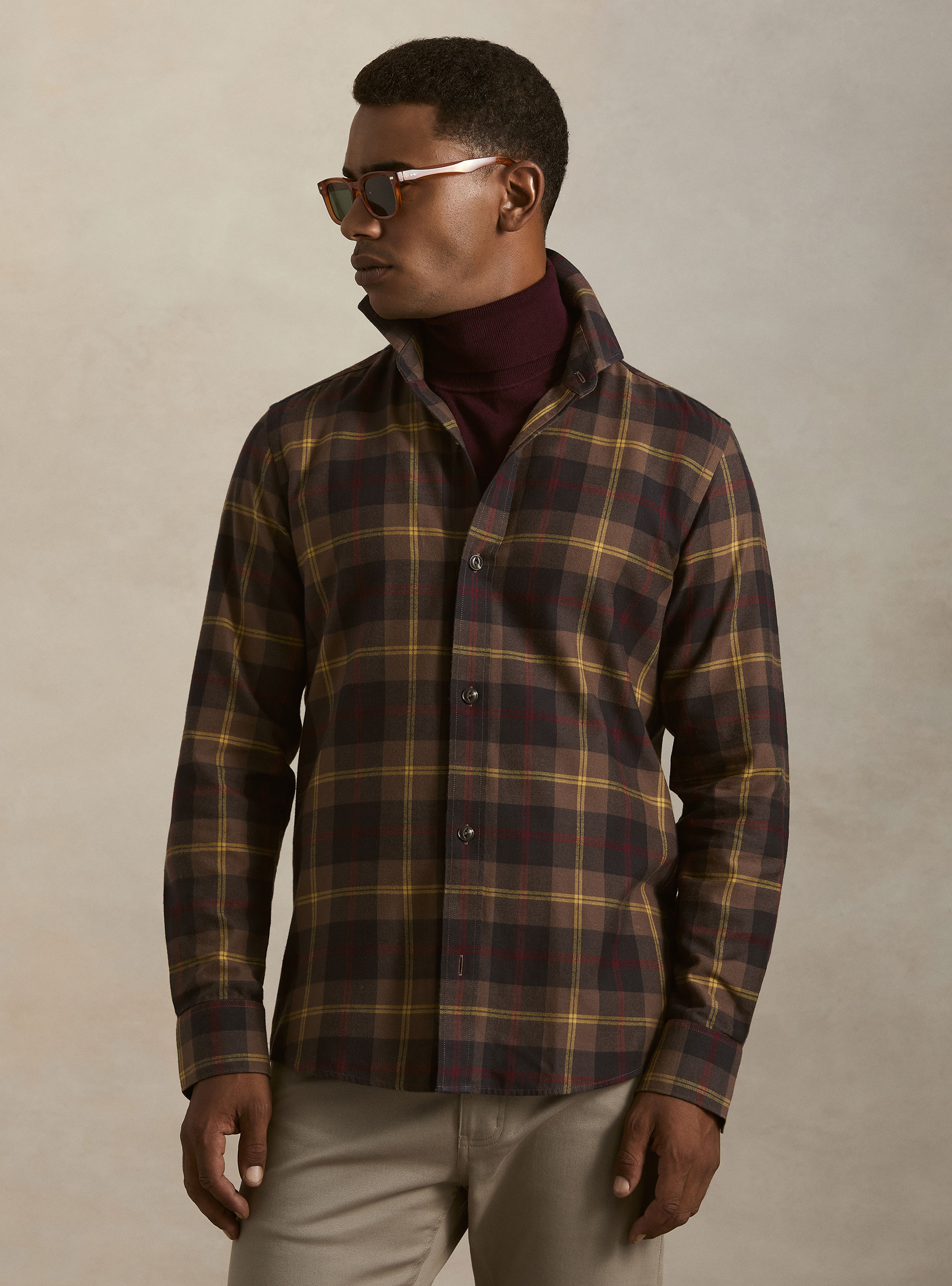 Camicia relaxed fit in misto cotone a quadri, MARRONE