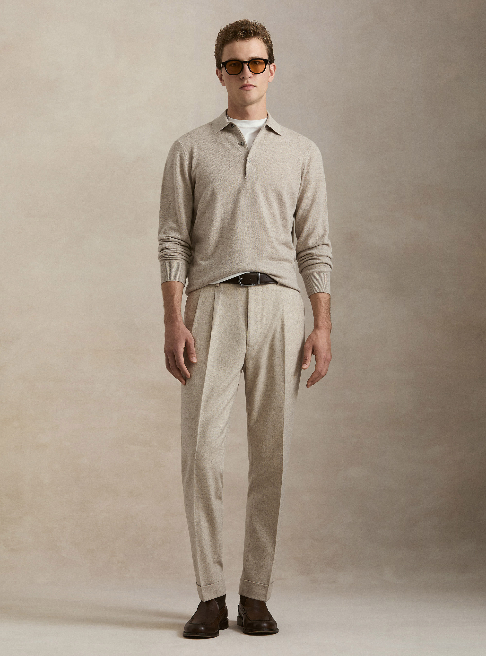 Polo a manica lunga in puro cashmere, ECRU