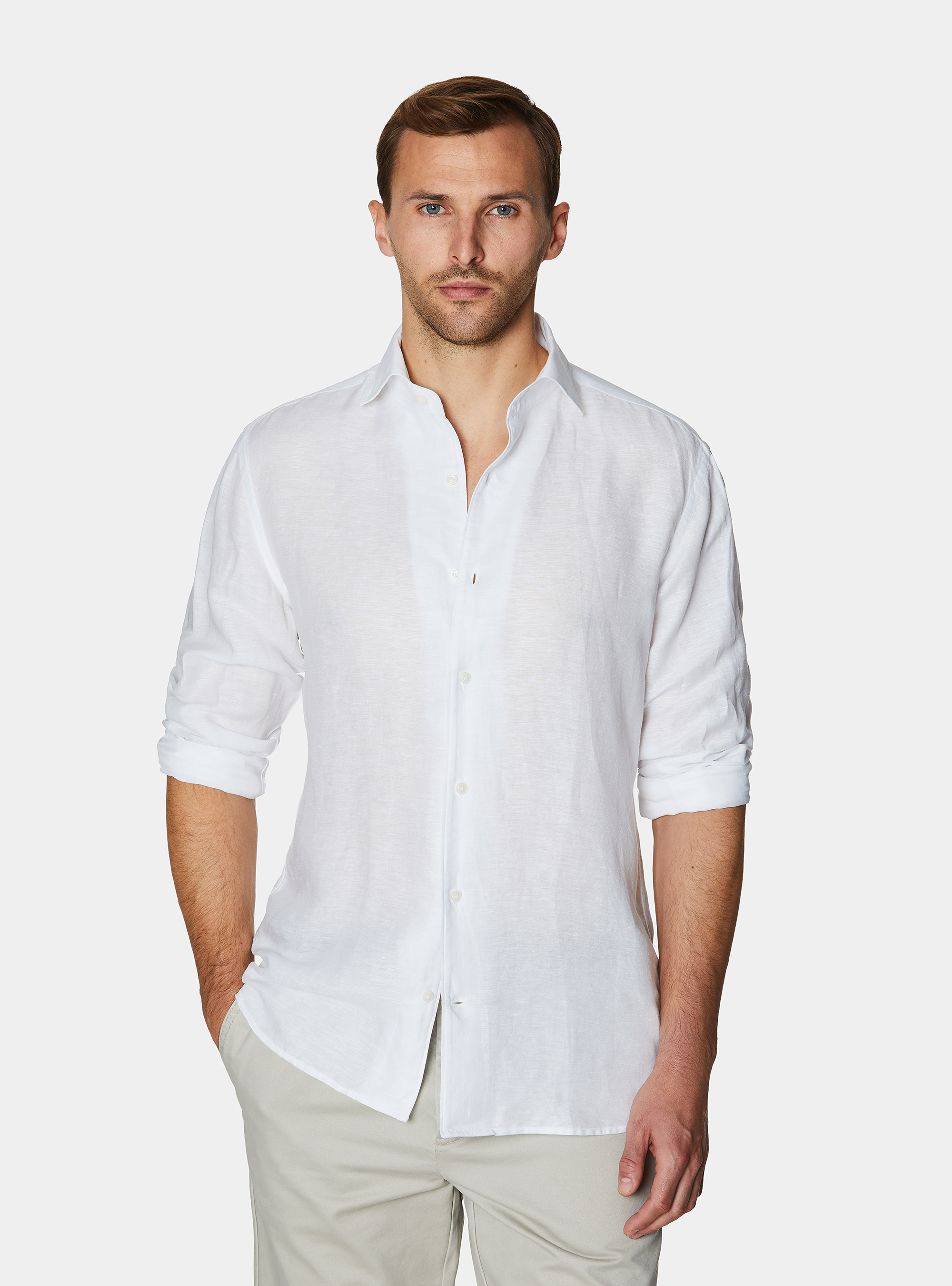 Camicia in misto lino con paramontura, BIANCO