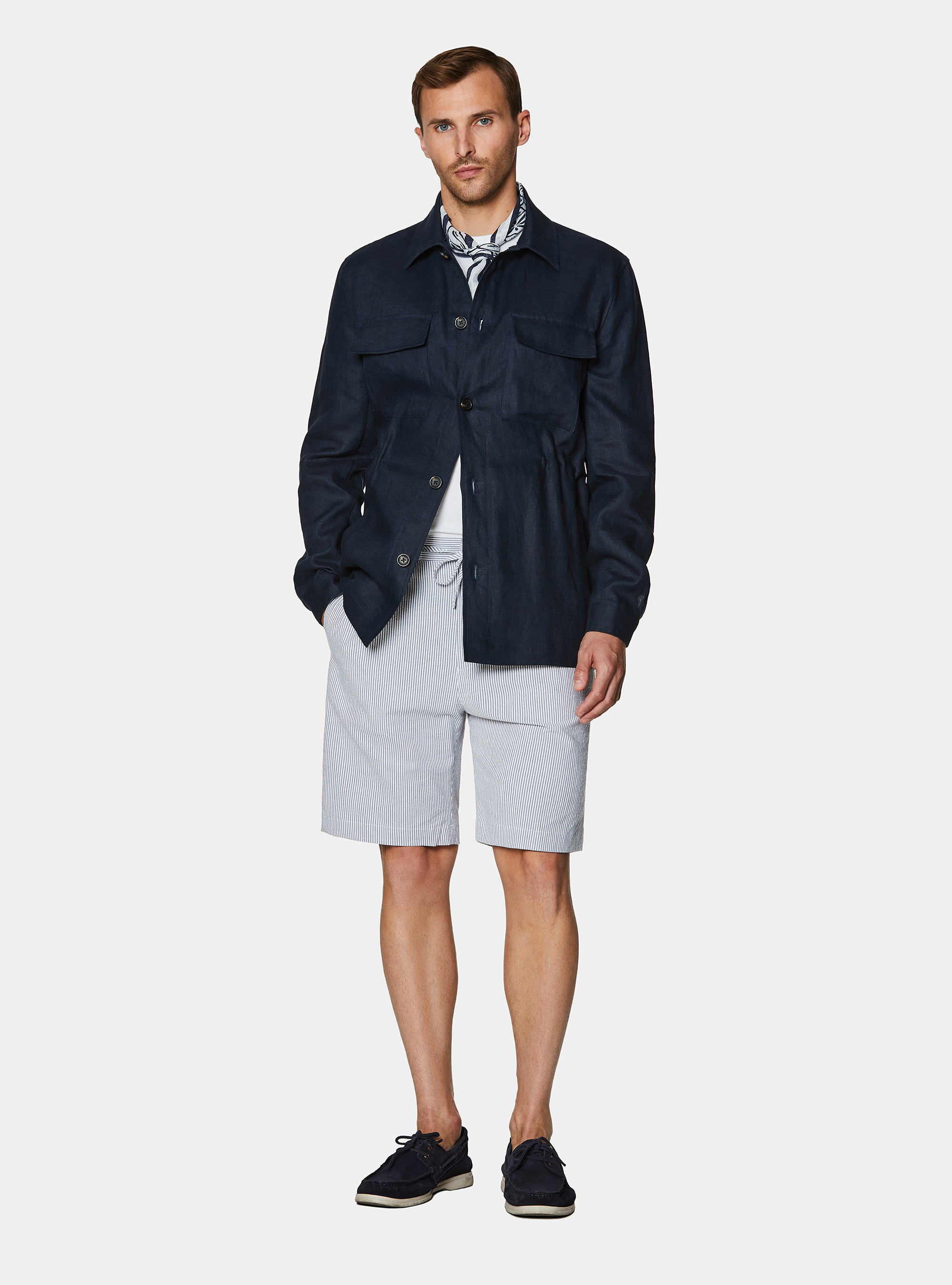 Giacca camicia in puro lino con coulisse, BLU NAVY