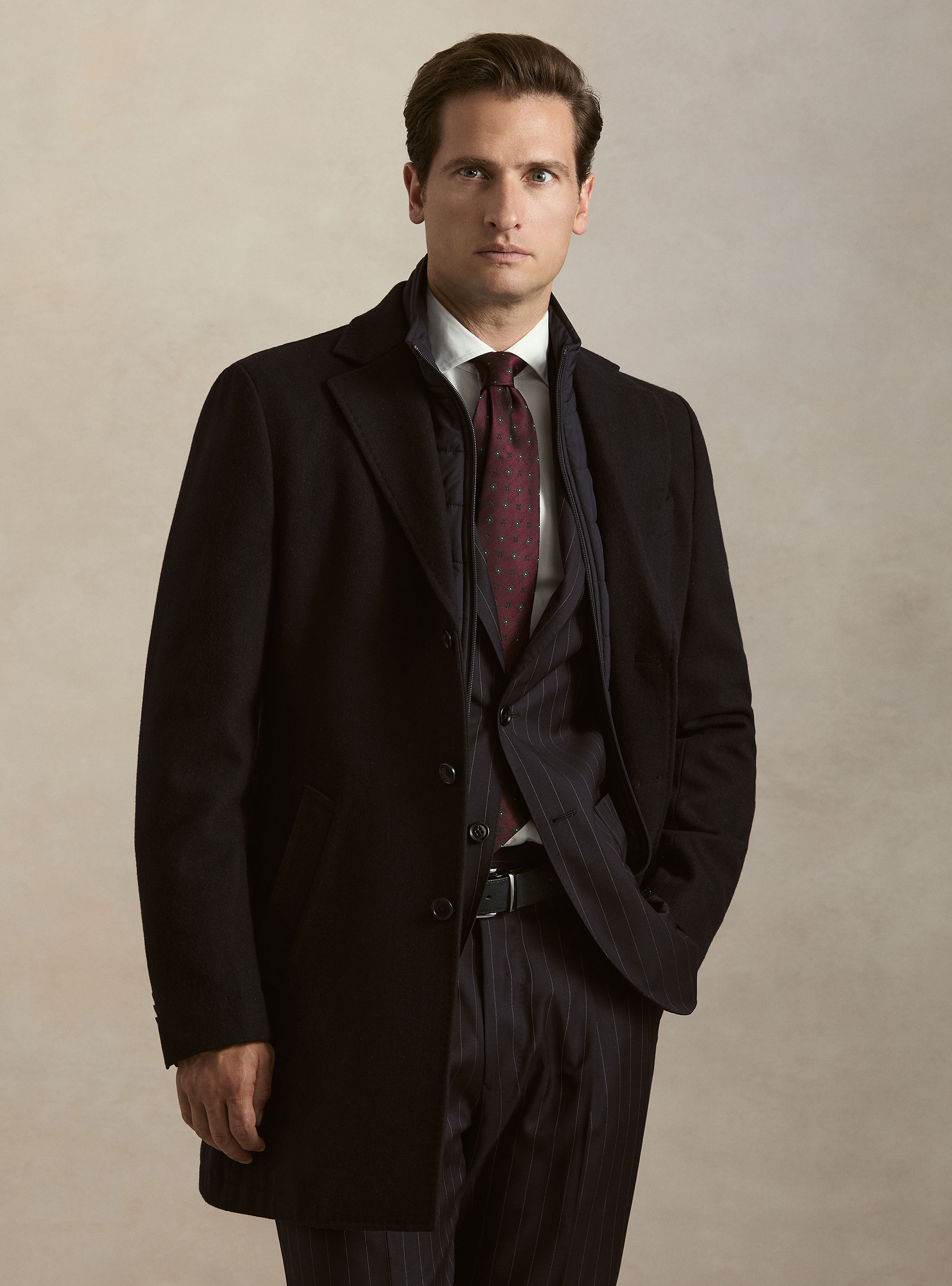 Cappotto in misto lana con pettorina, BLU NAVY