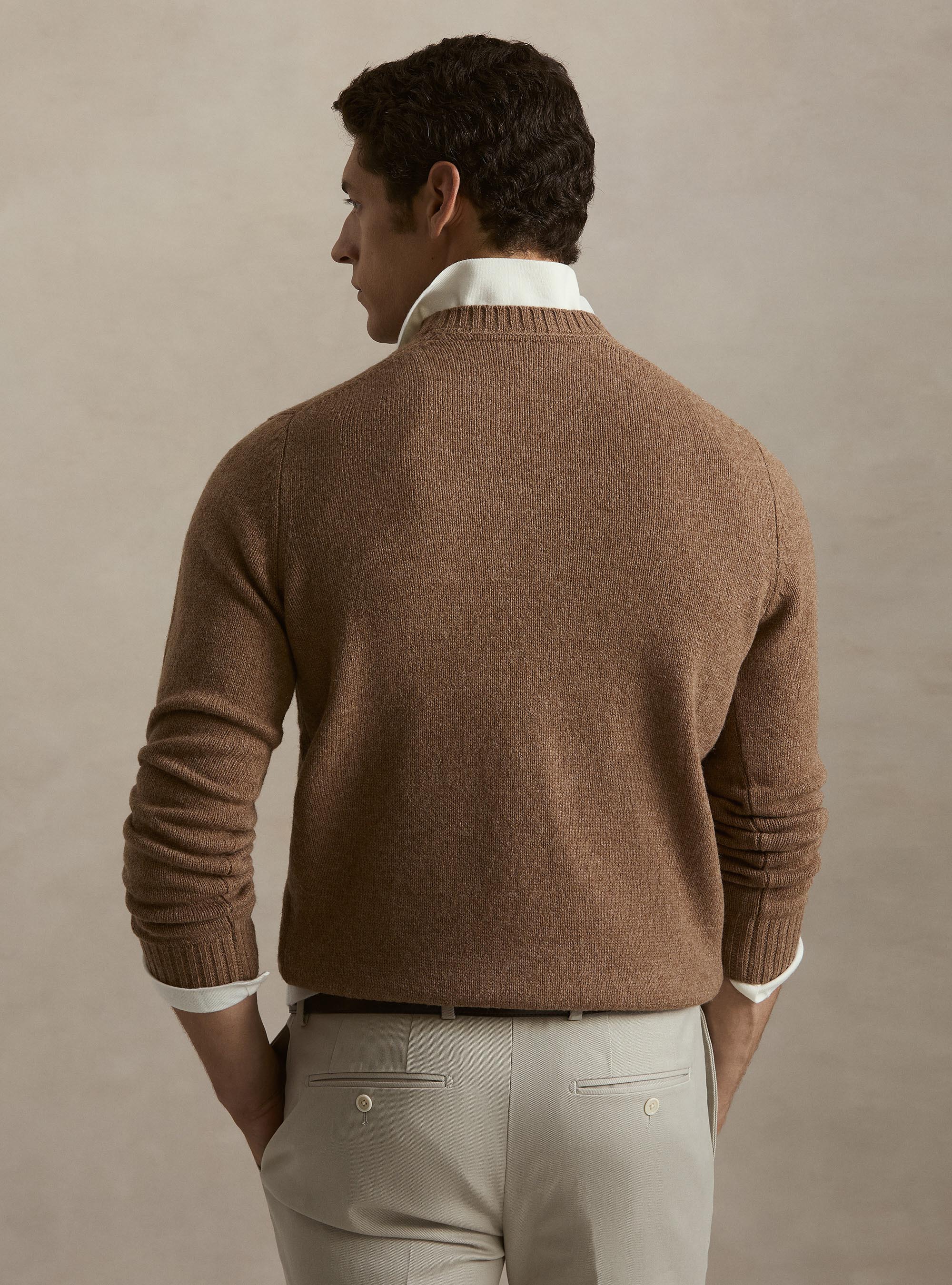 Maglia girocollo in pura lana shetland, NOCCIOLA
