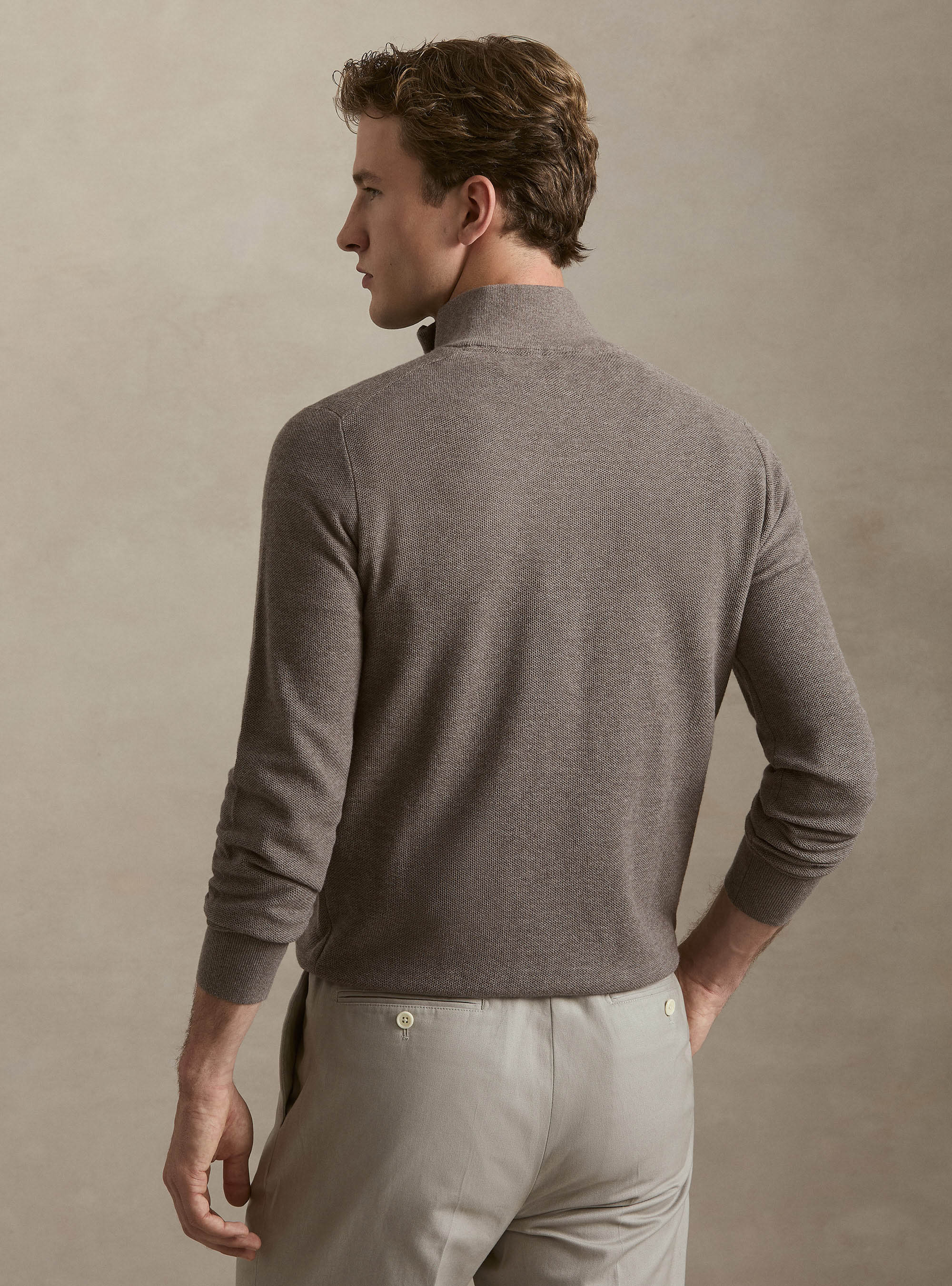 Maglia con mezza zip in cotone cashmere nido d'ape, FANGO