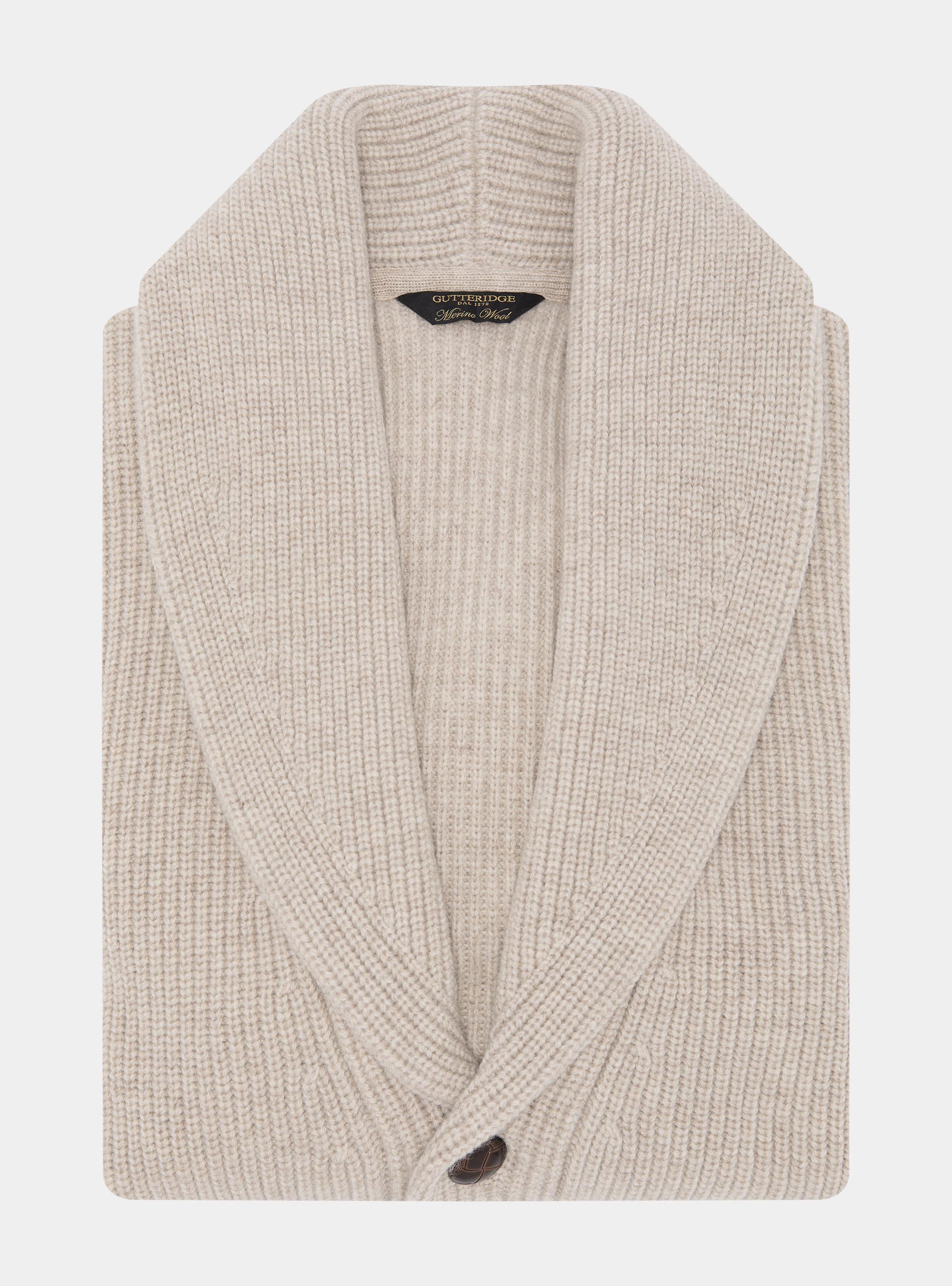Cardigan in maglia sciallato in lana merino, ECRU