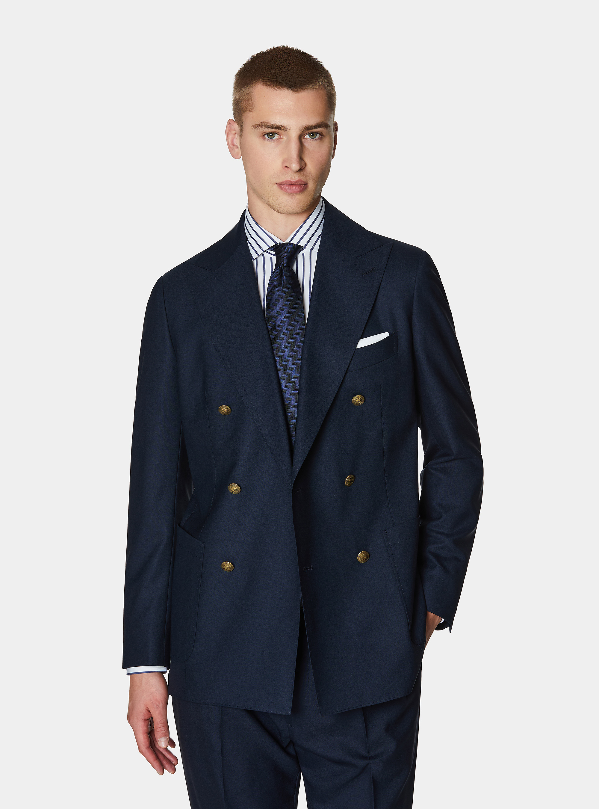 Giacca doppiopetto in pura lana con bottone metallo, NAVY