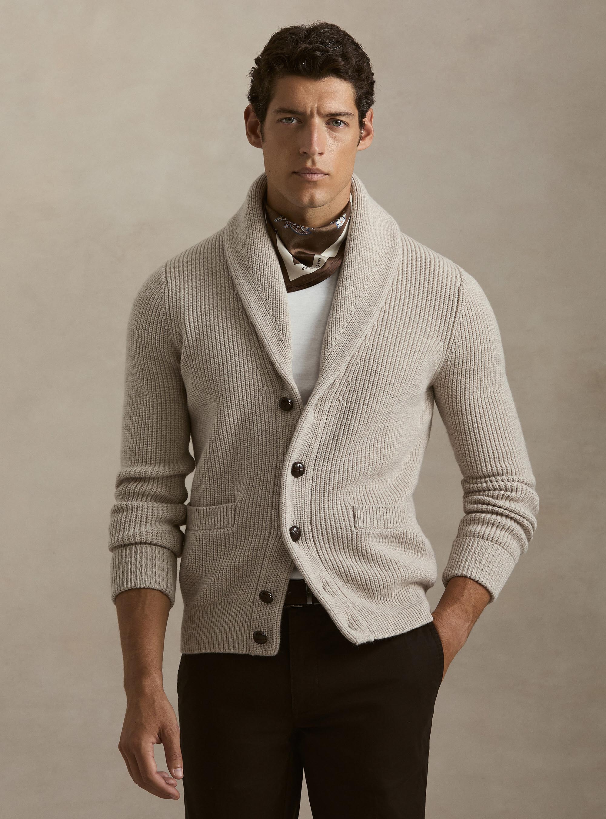 Cardigan in maglia sciallato in lana merino, ECRU