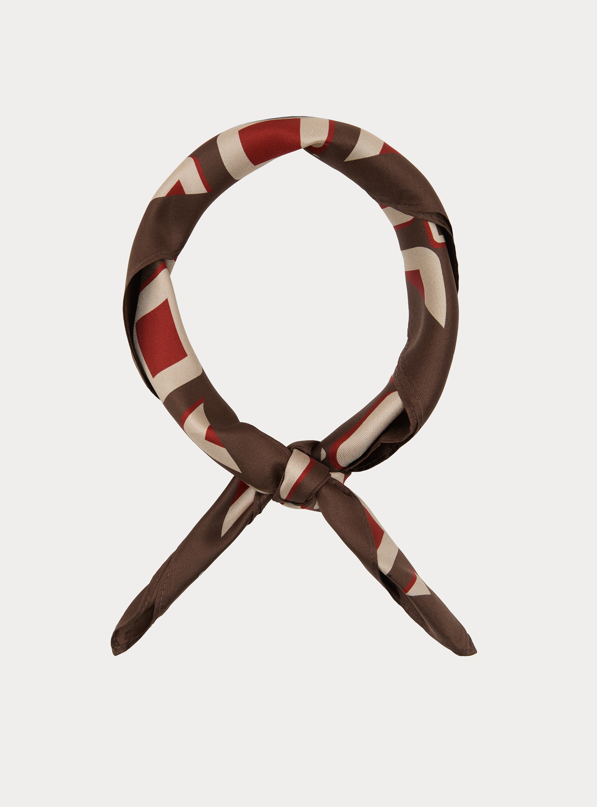 Foulard in seta stampata a fantasia geometrica, MARRONE