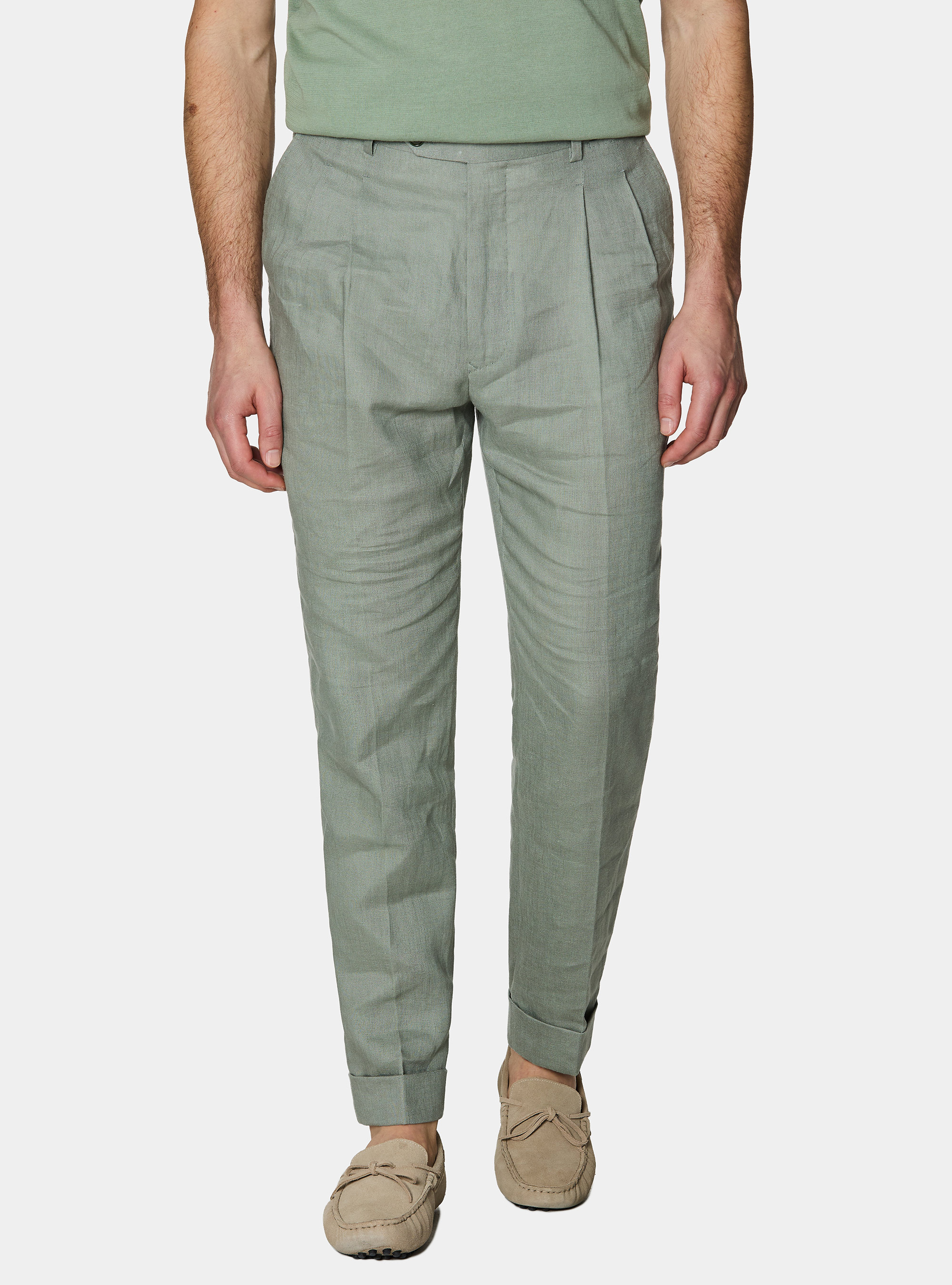 Pantaloni con pince in puro lino, SALVIA 0602C